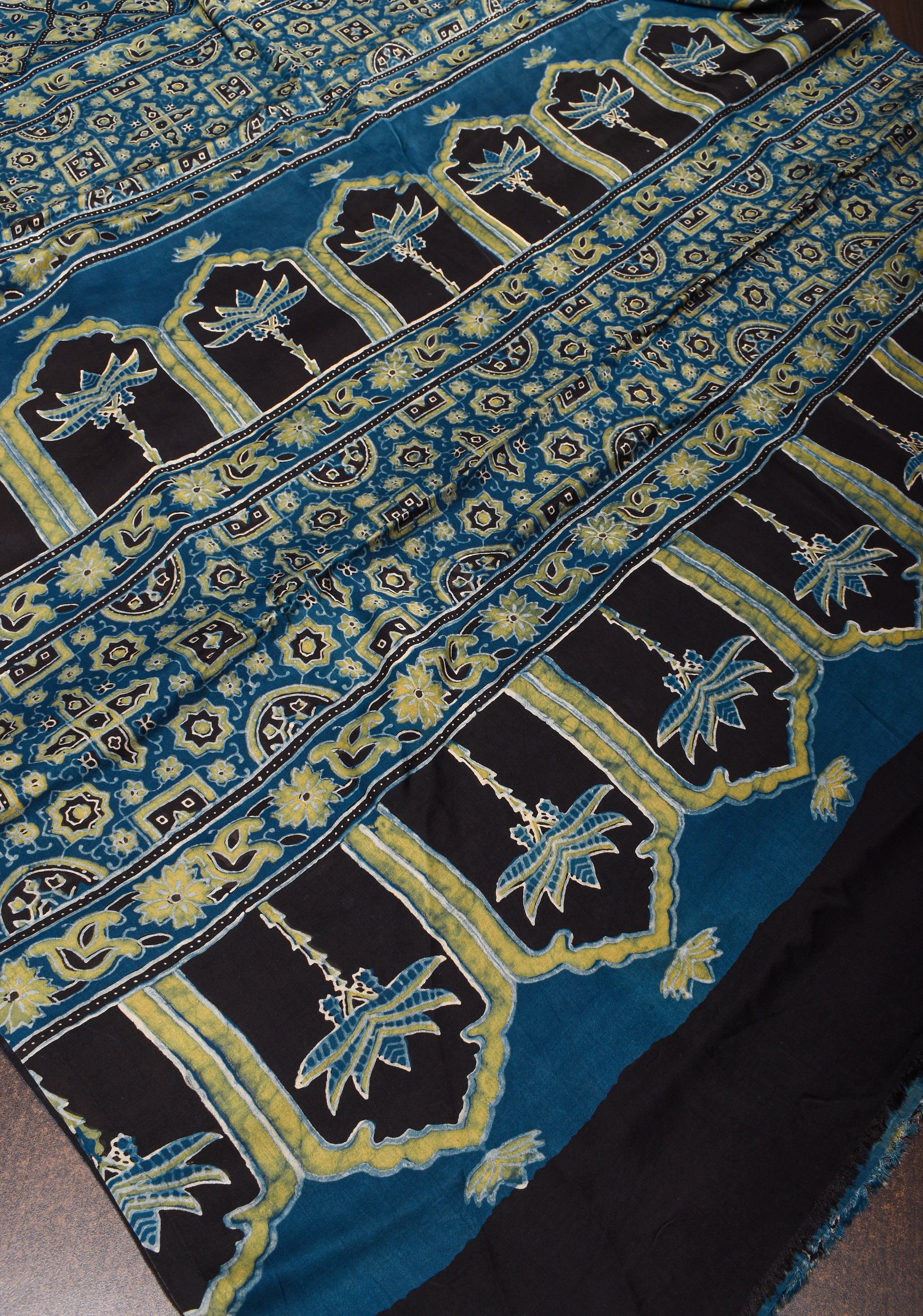 Bluish Cyan Ajrakh Hand Block Print on Modal Silk Saree