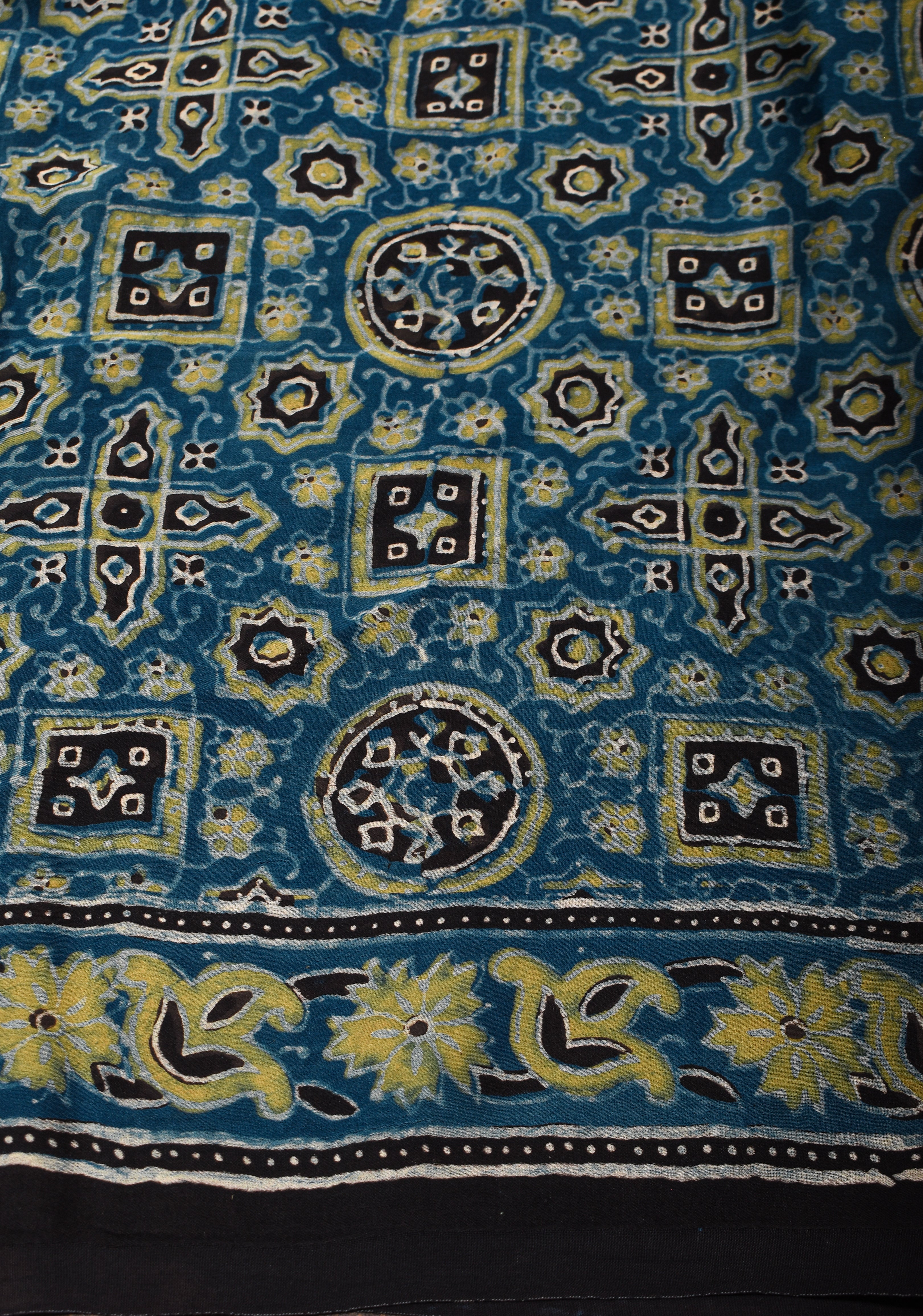 Bluish Cyan Ajrakh Hand Block Print on Modal Silk Saree