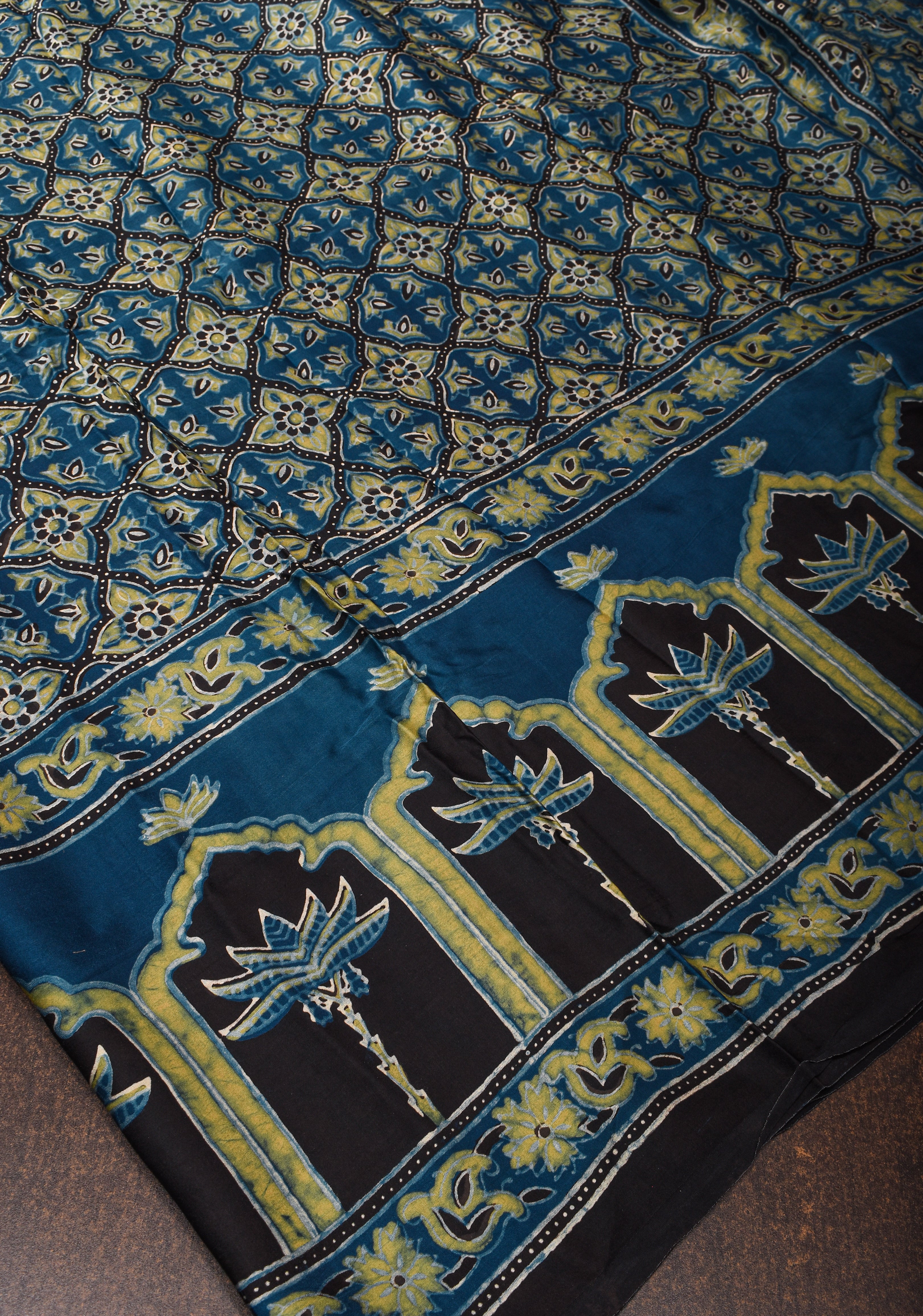 Bluish Cyan Ajrakh Hand Block Print on Modal Silk Saree