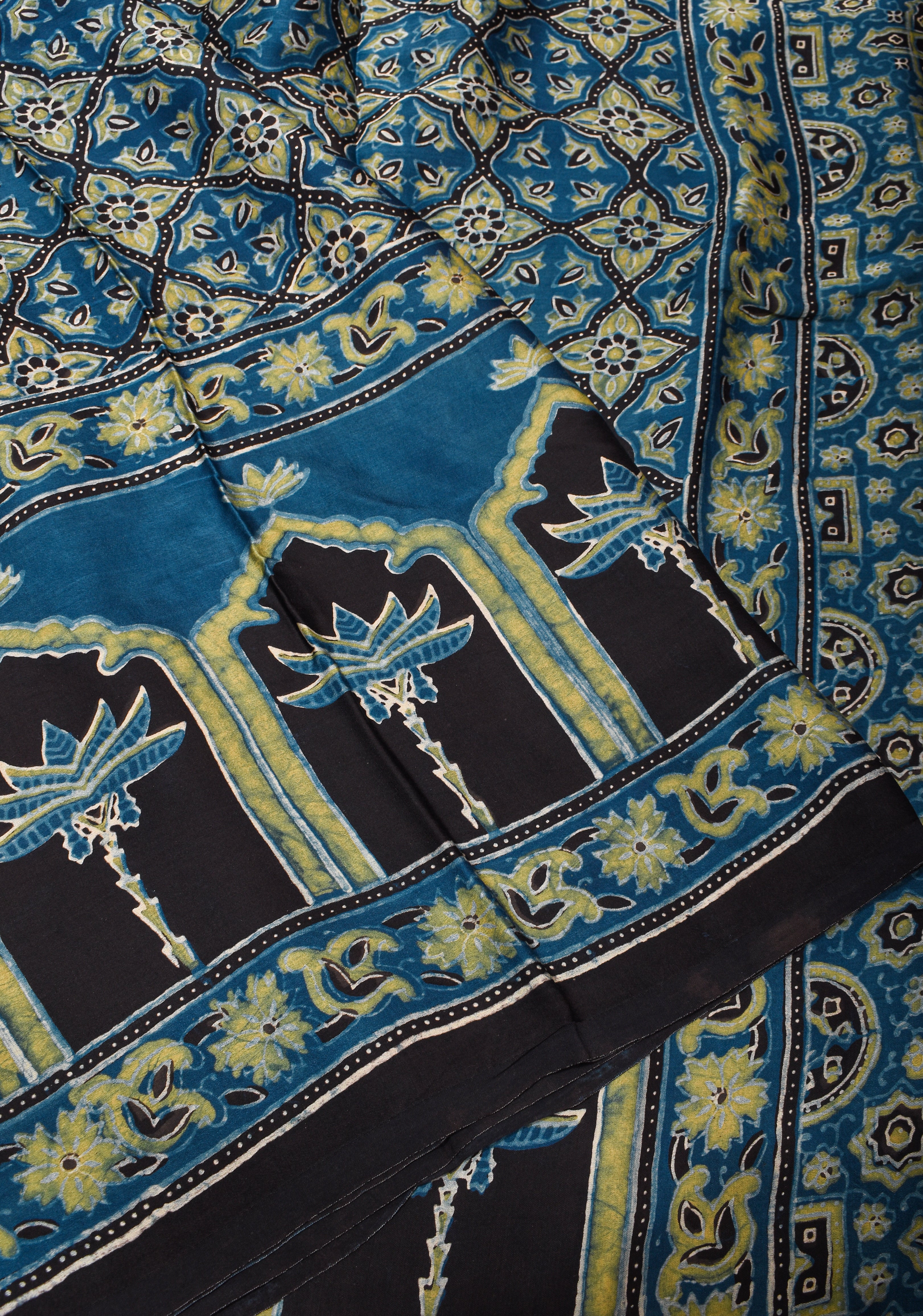 Bluish Cyan Ajrakh Hand Block Print on Modal Silk Saree