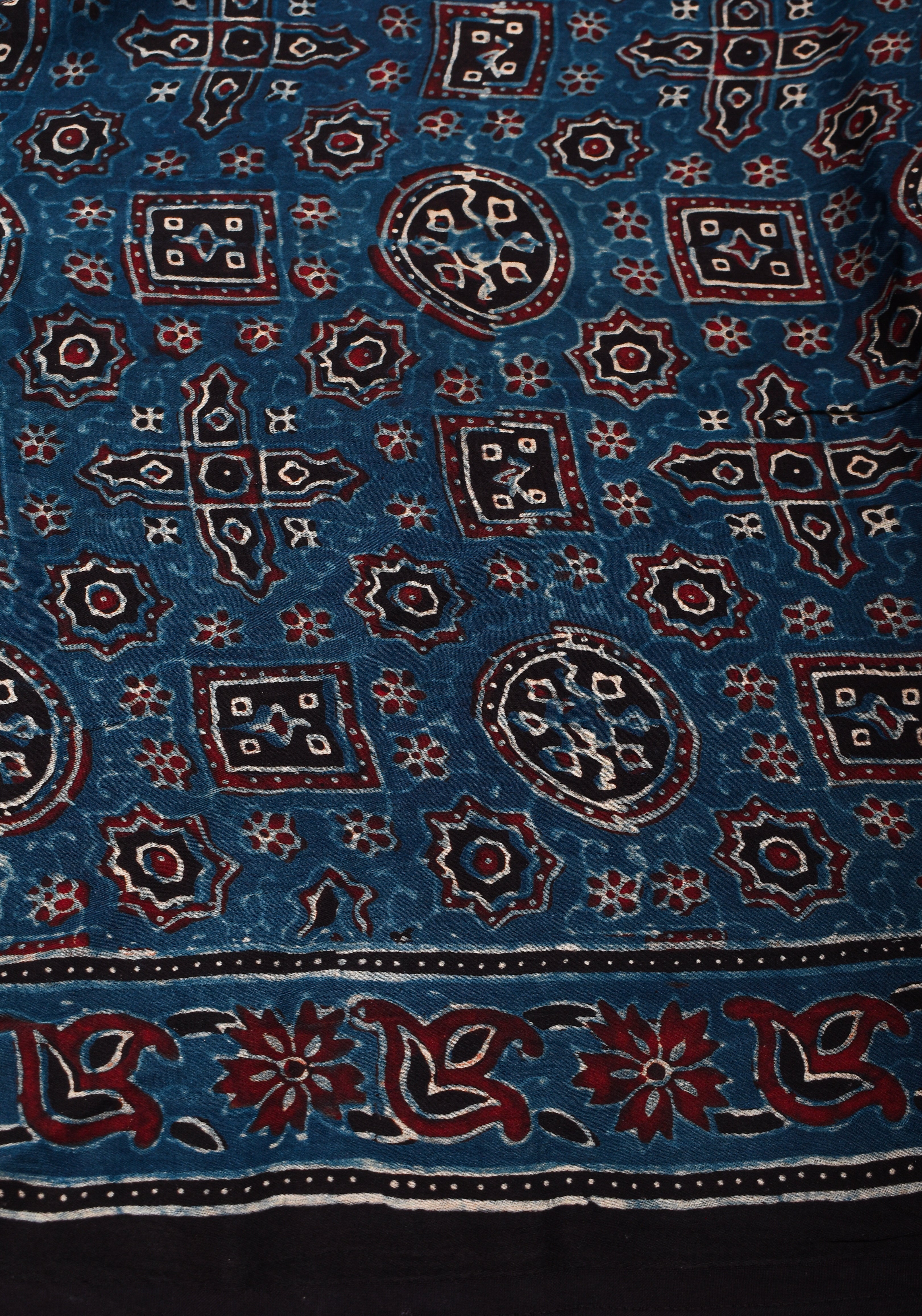 Cyan Blue Ajrakh Hand Block Print on Modal Silk Saree