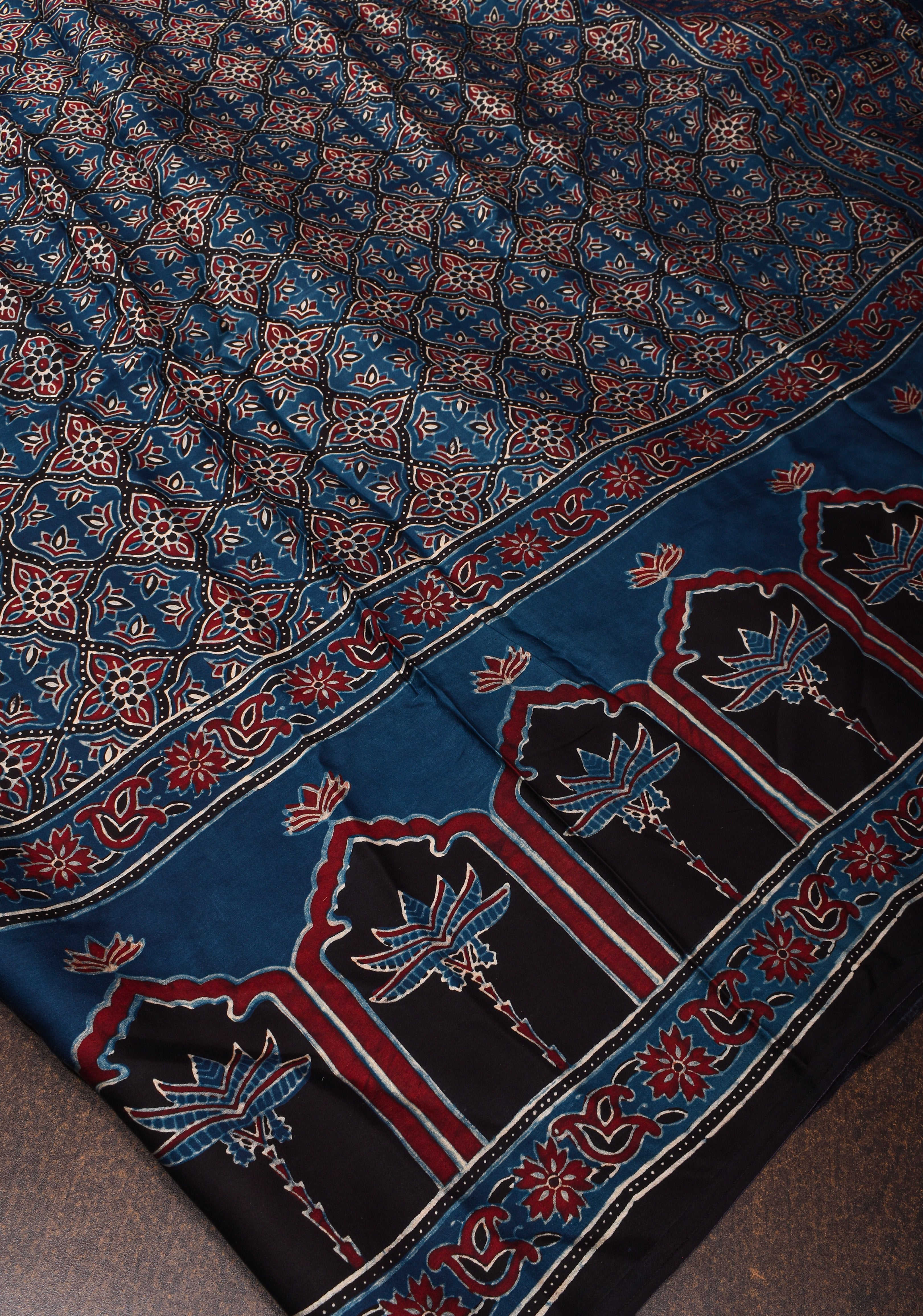 Cyan Blue Ajrakh Hand Block Print on Modal Silk Saree