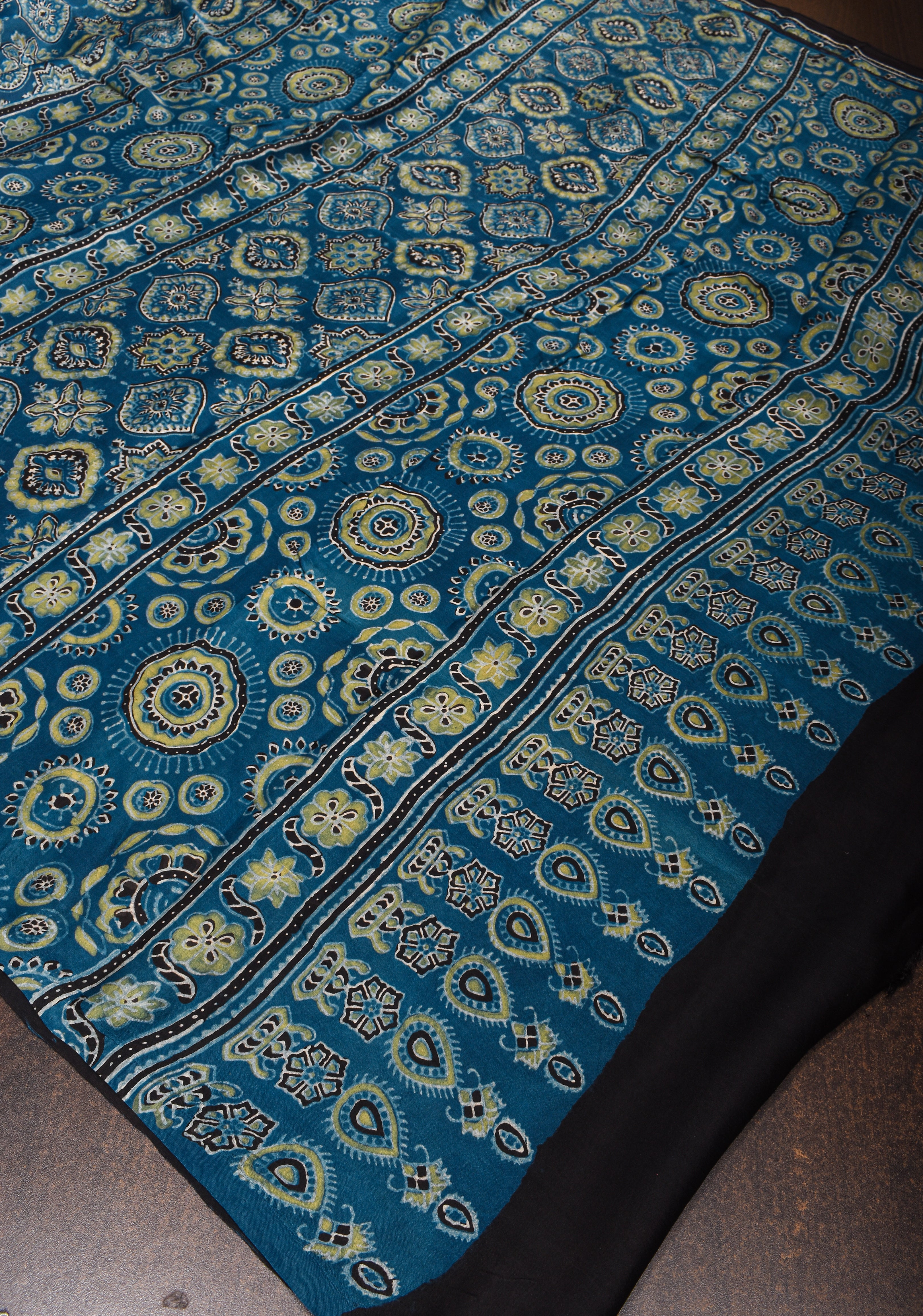 Bluish Cyan Ajrakh Hand Block Print on Modal Silk Saree