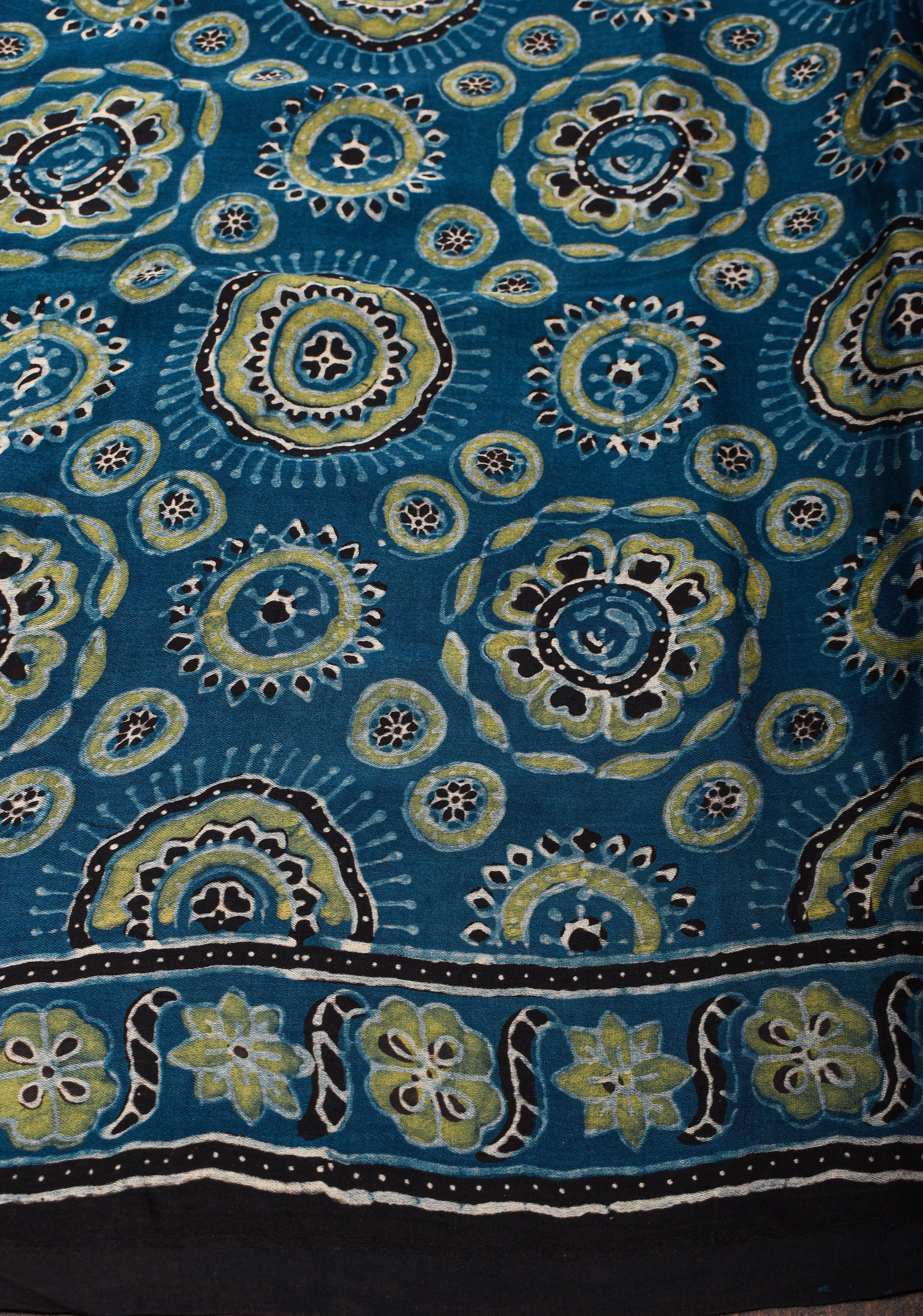 Bluish Cyan Ajrakh Hand Block Print on Modal Silk Saree