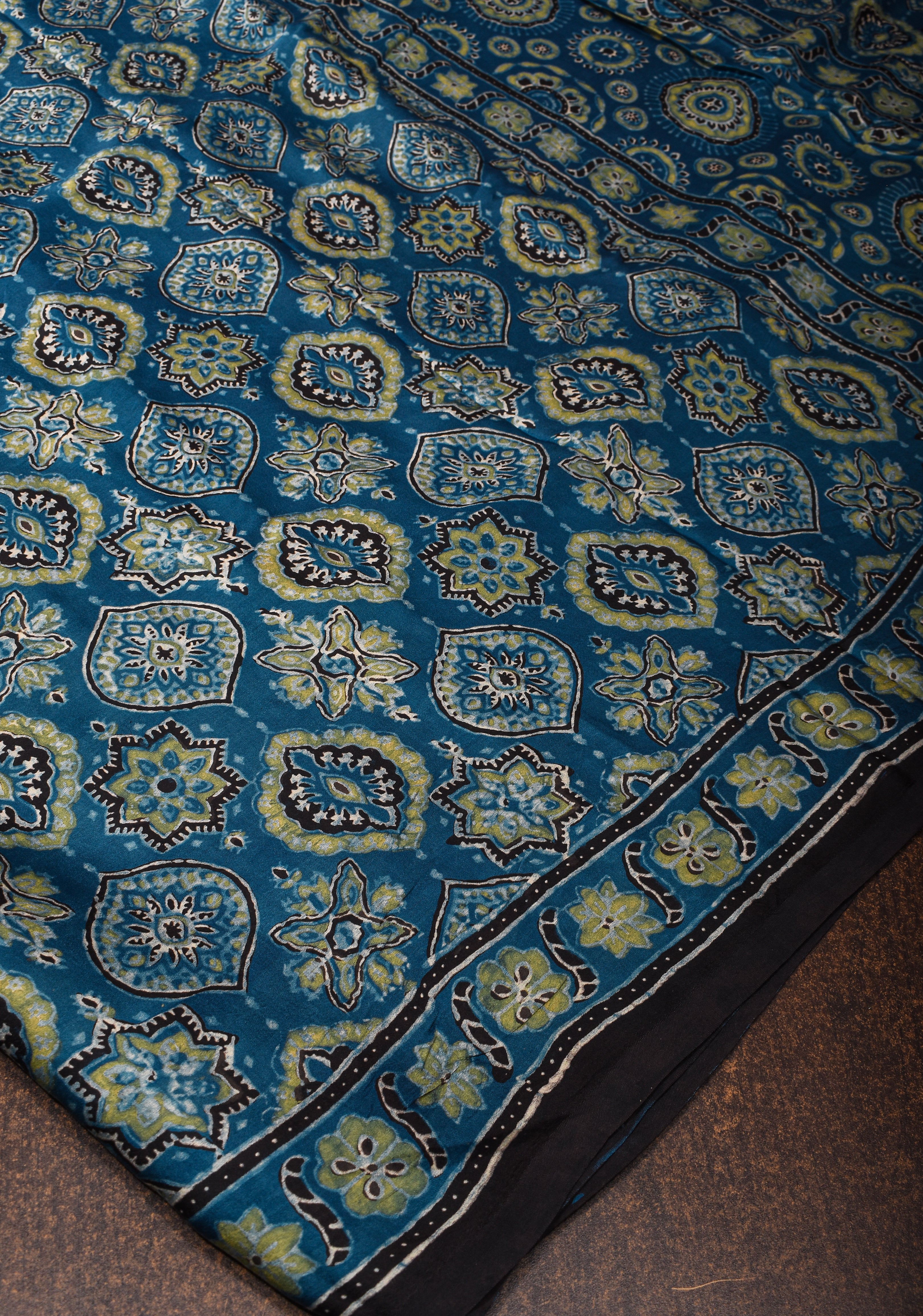 Bluish Cyan Ajrakh Hand Block Print on Modal Silk Saree