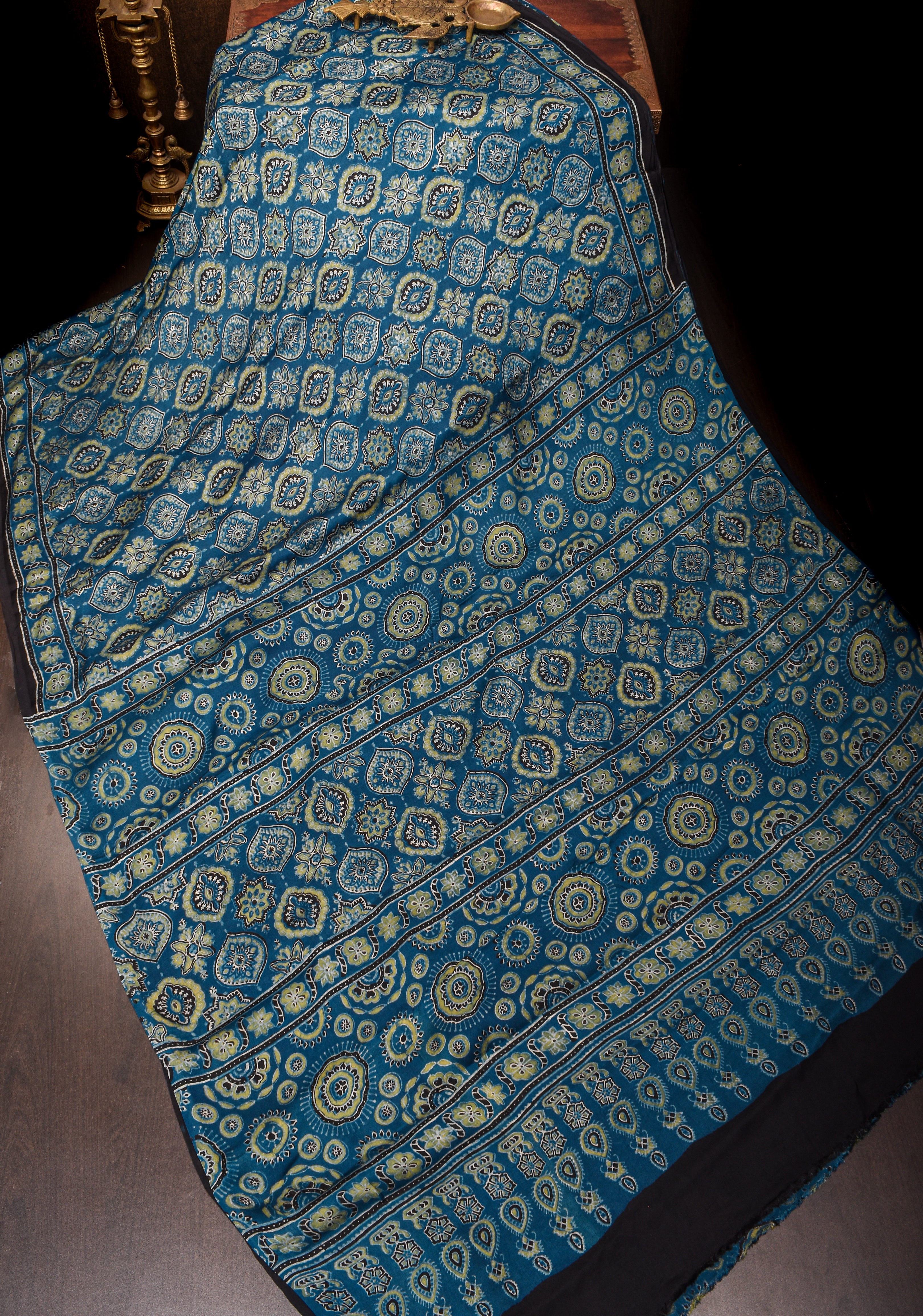 Bluish Cyan Ajrakh Hand Block Print on Modal Silk Saree