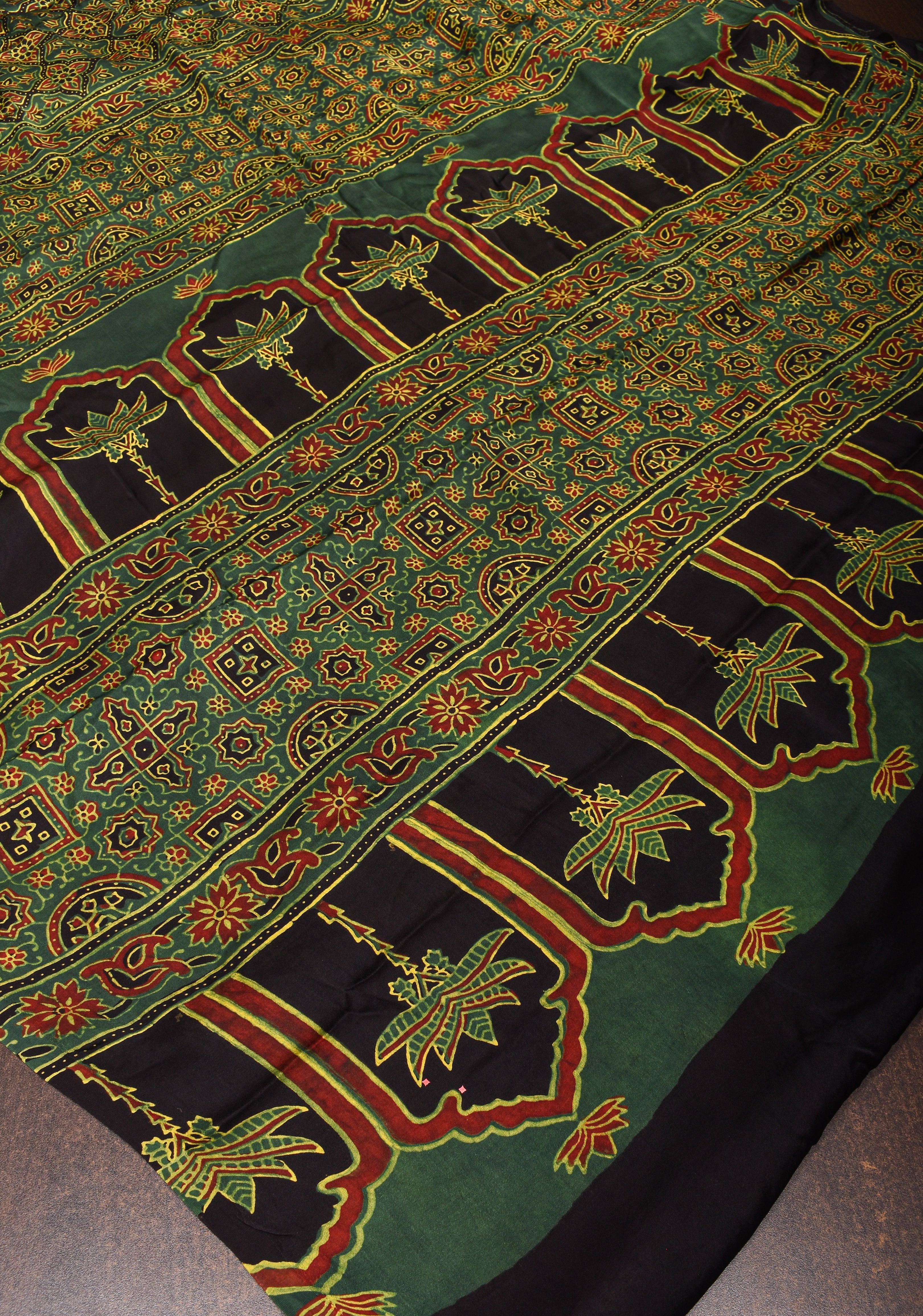 Green Ajrakh Hand Block Print on Modal Silk Saree