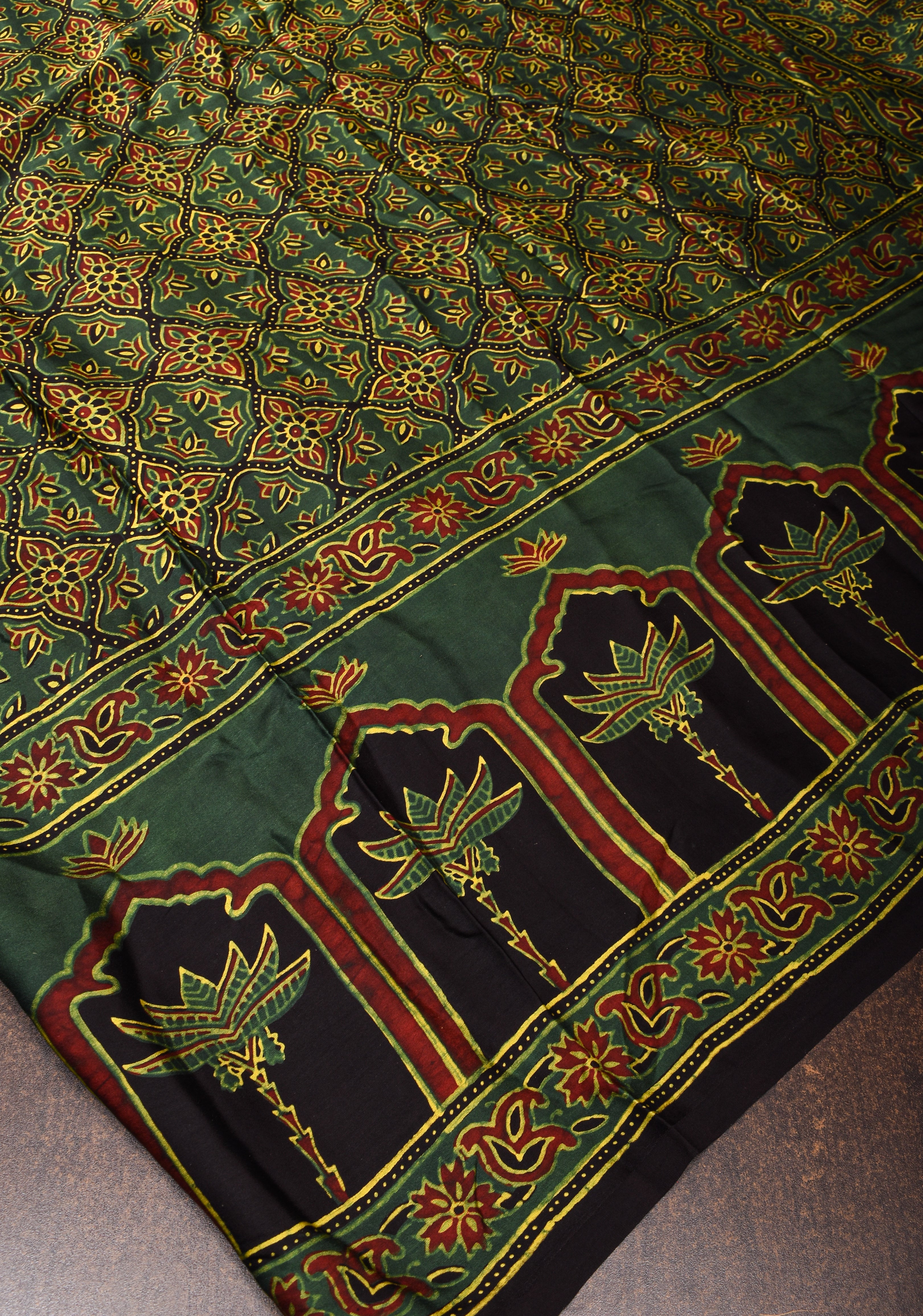 Green Ajrakh Hand Block Print on Modal Silk Saree