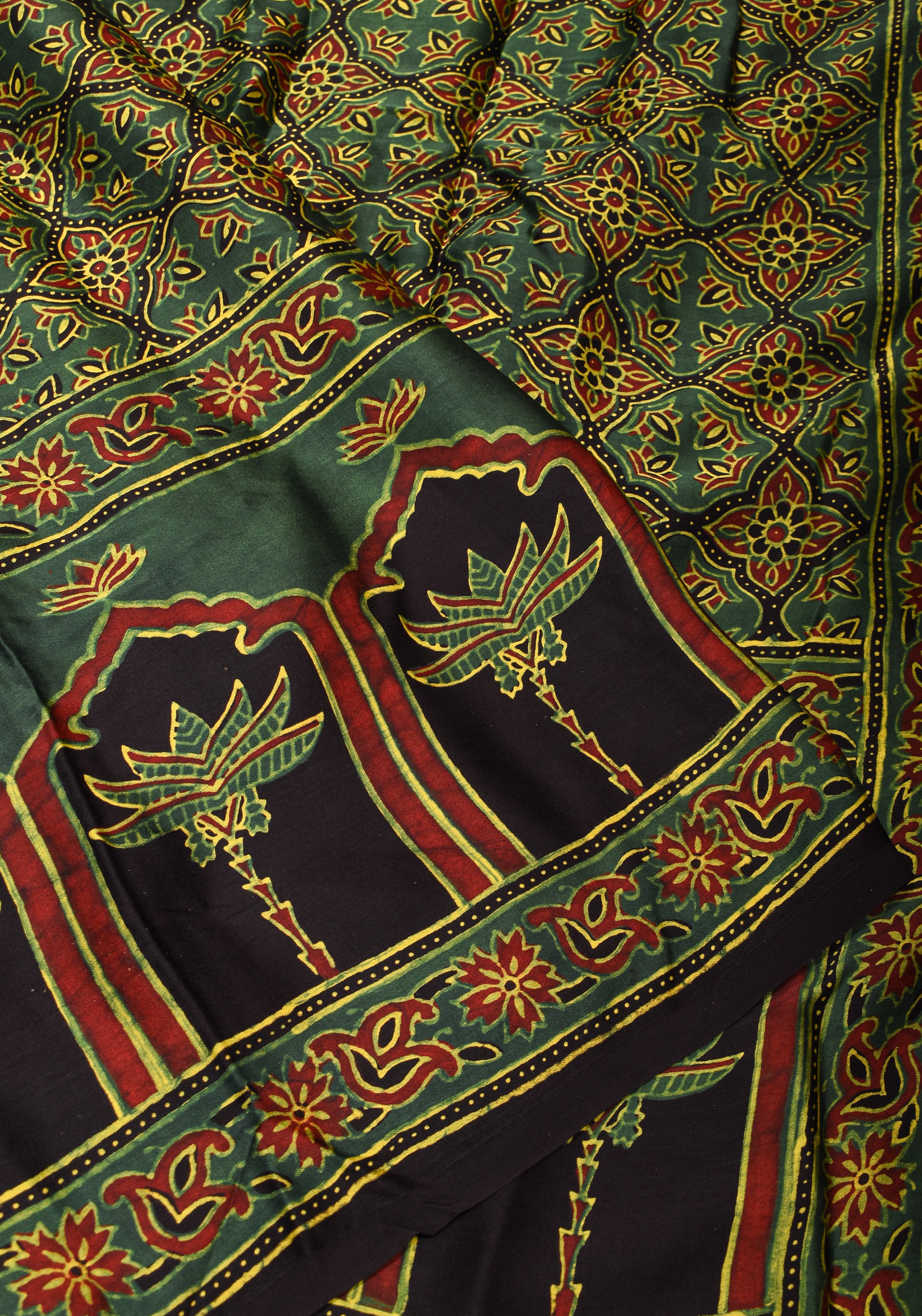 Green Ajrakh Hand Block Print on Modal Silk Saree