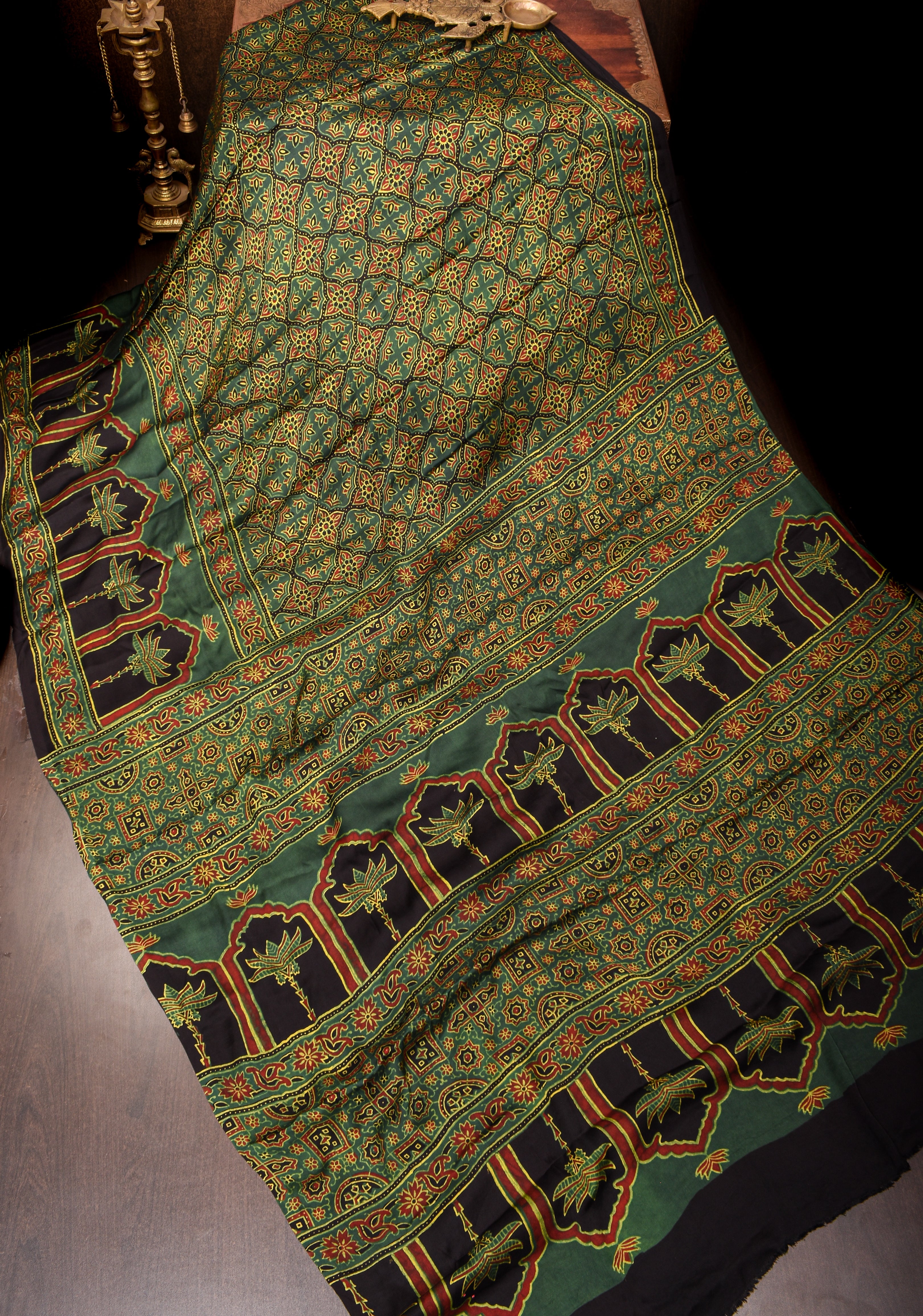 Green Ajrakh Hand Block Print on Modal Silk Saree