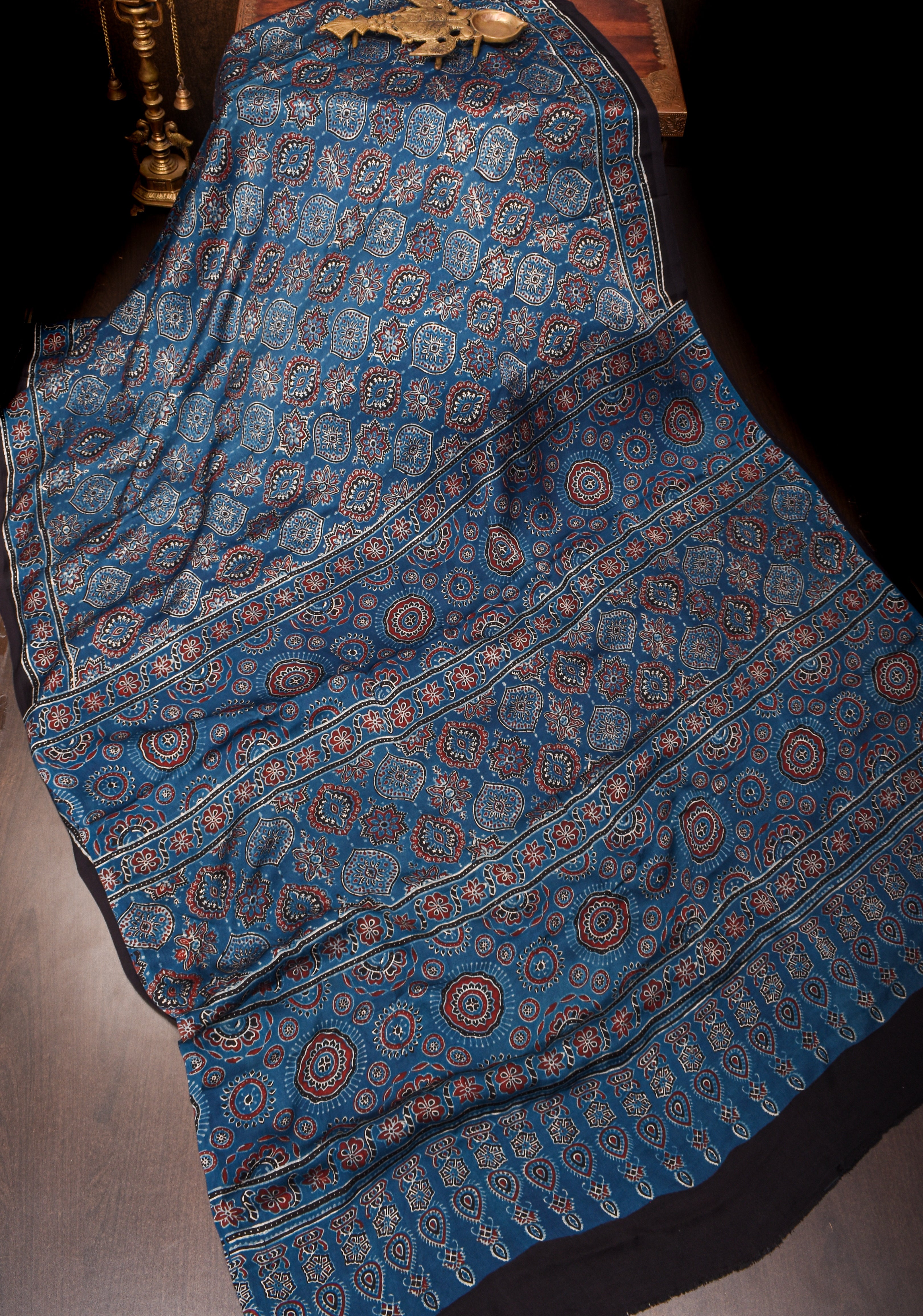 Indigo Ajrakh Hand Block Print on Modal Silk Saree