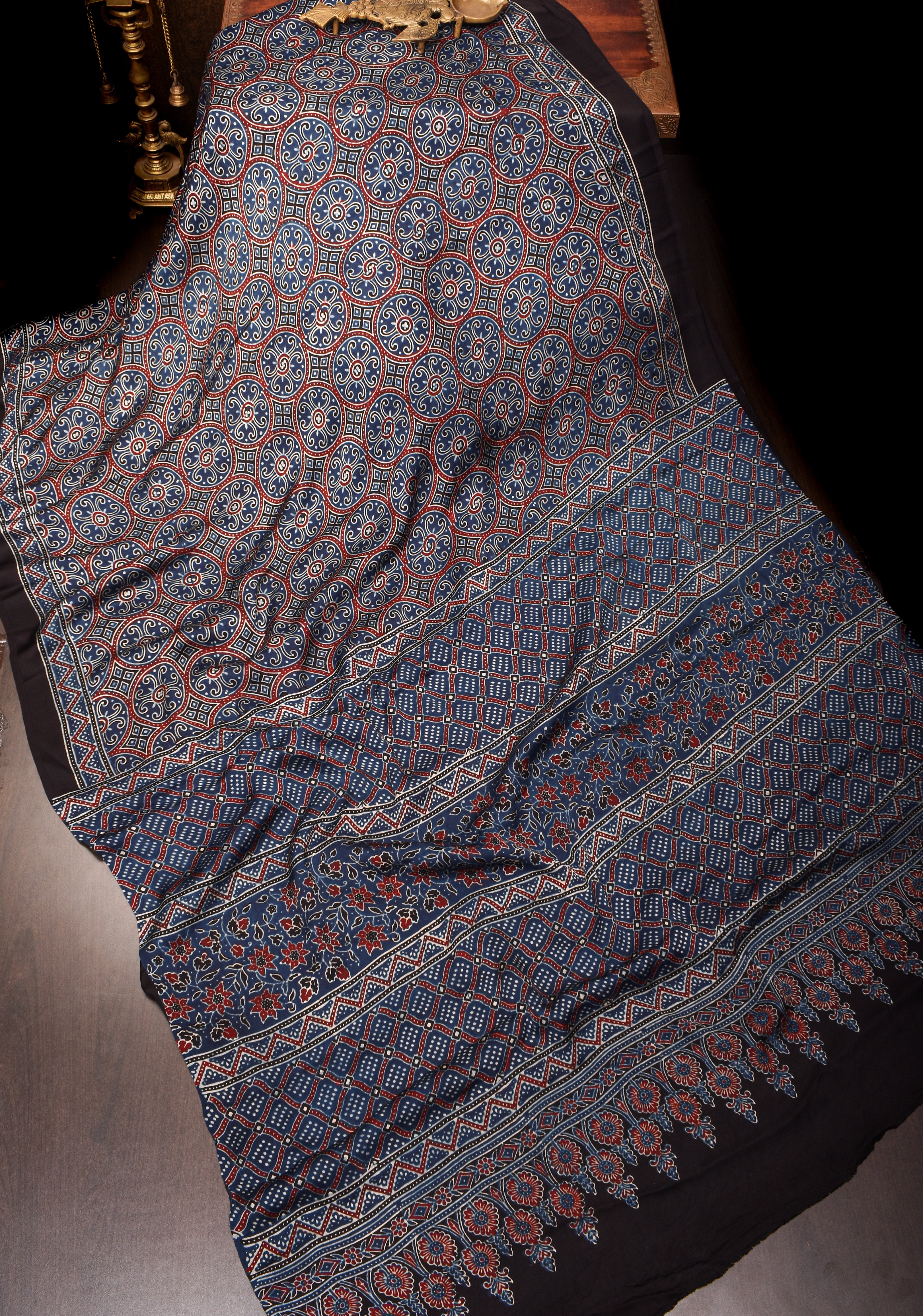 Tealish Blue Ajrakh Hand Block Print on Modal Silk Saree