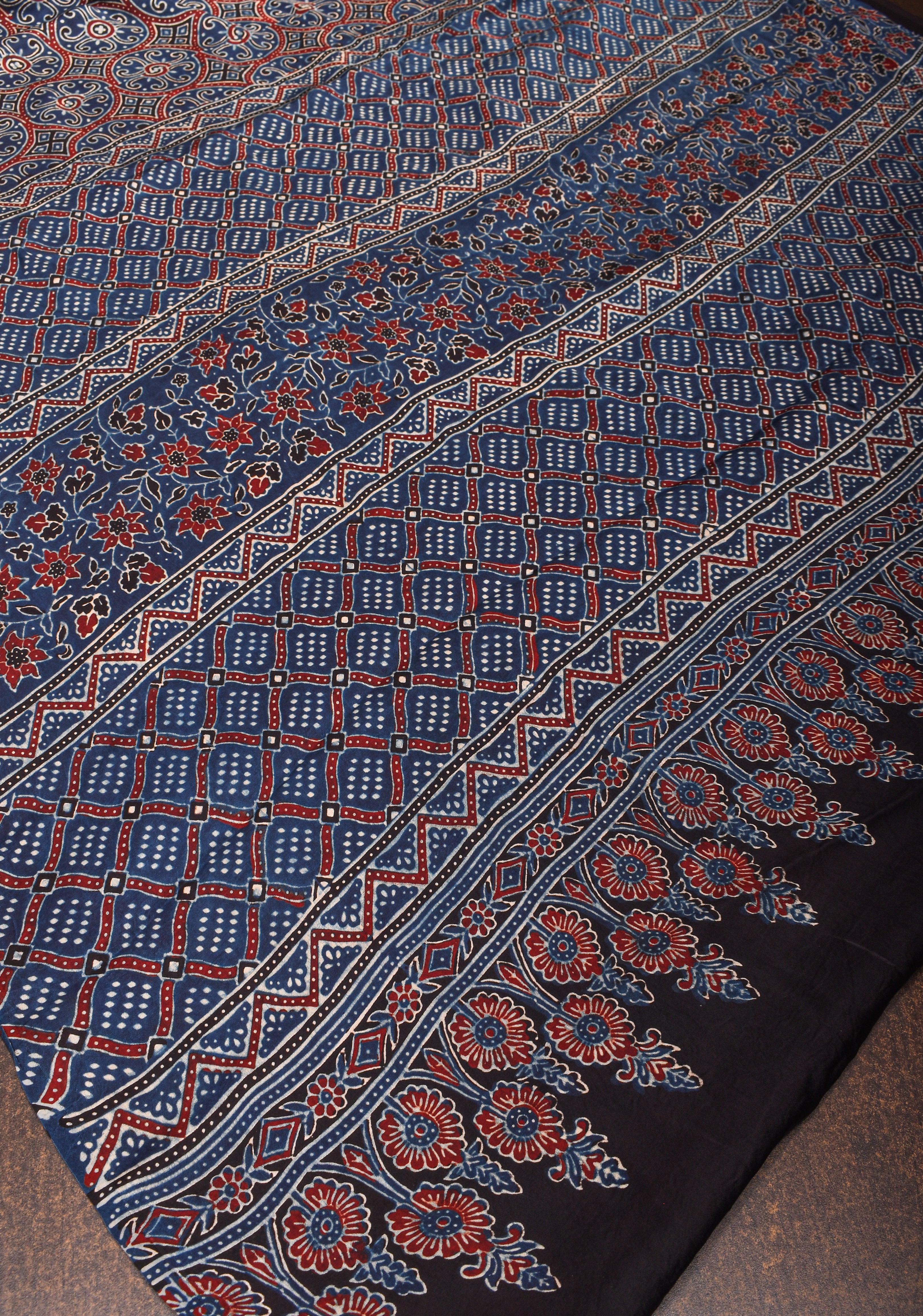 Tealish Blue Ajrakh Hand Block Print on Modal Silk Saree