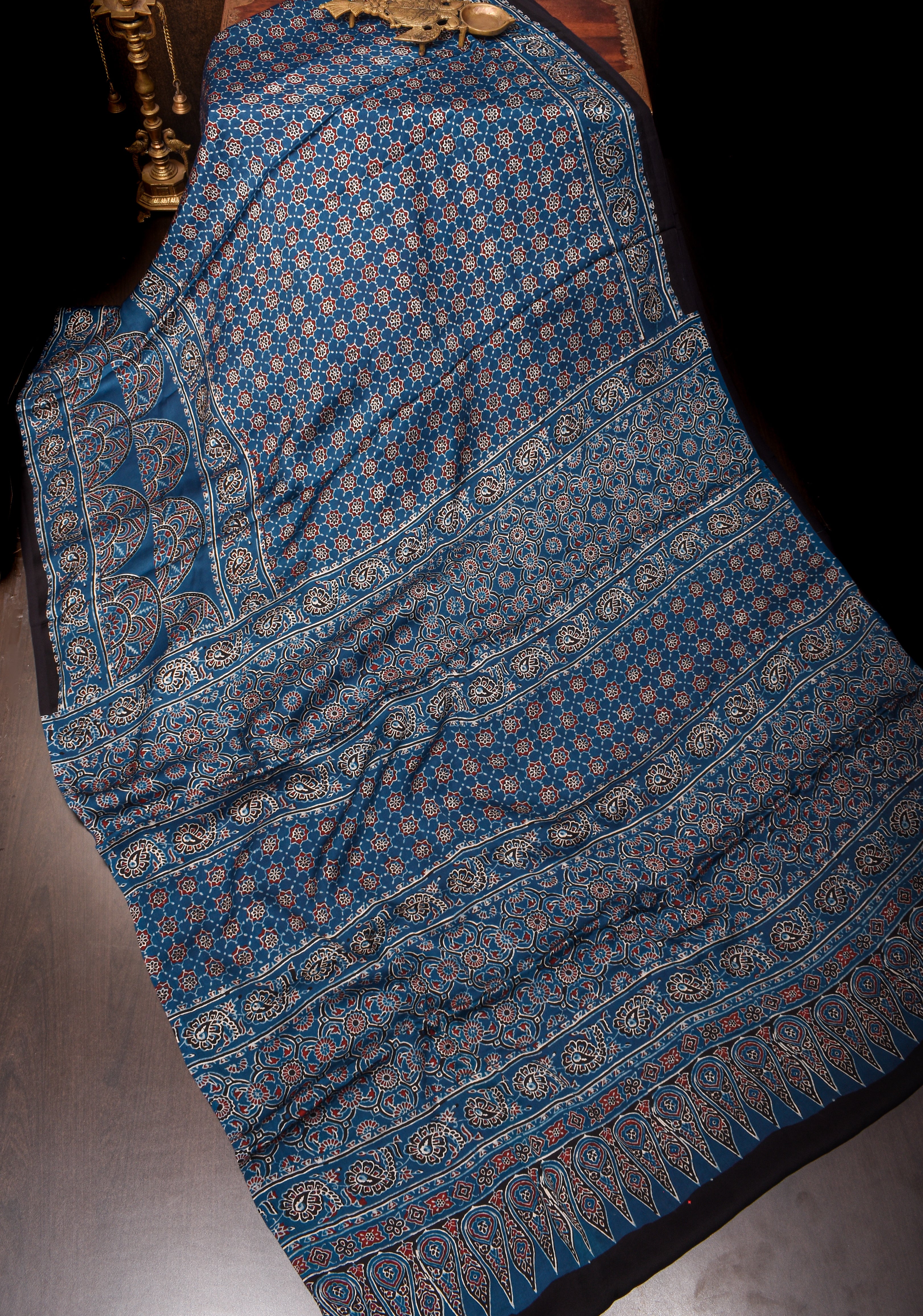 Cyan Blue Ajrakh Hand Block Print on Modal Silk Saree