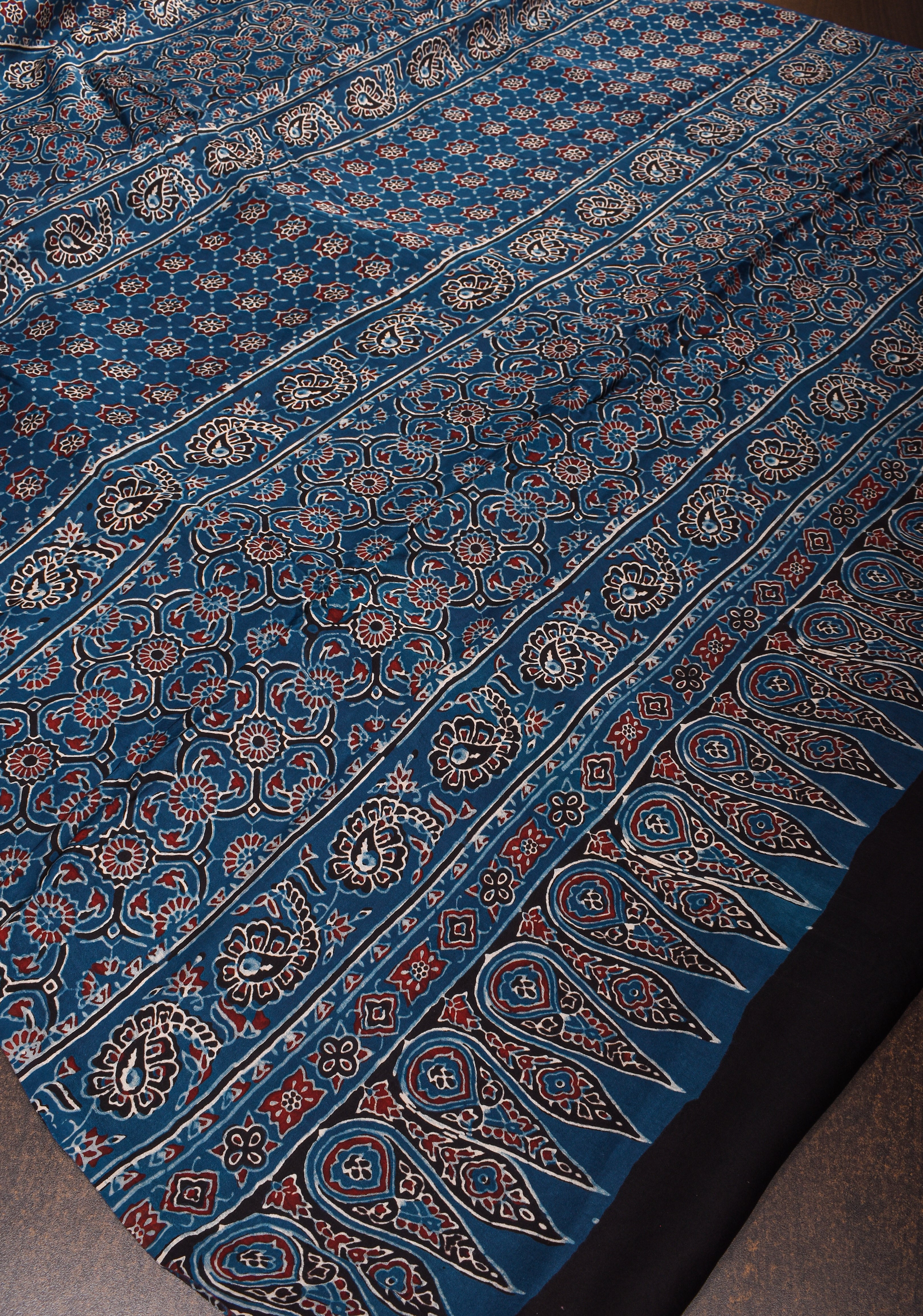 Cyan Blue Ajrakh Hand Block Print on Modal Silk Saree