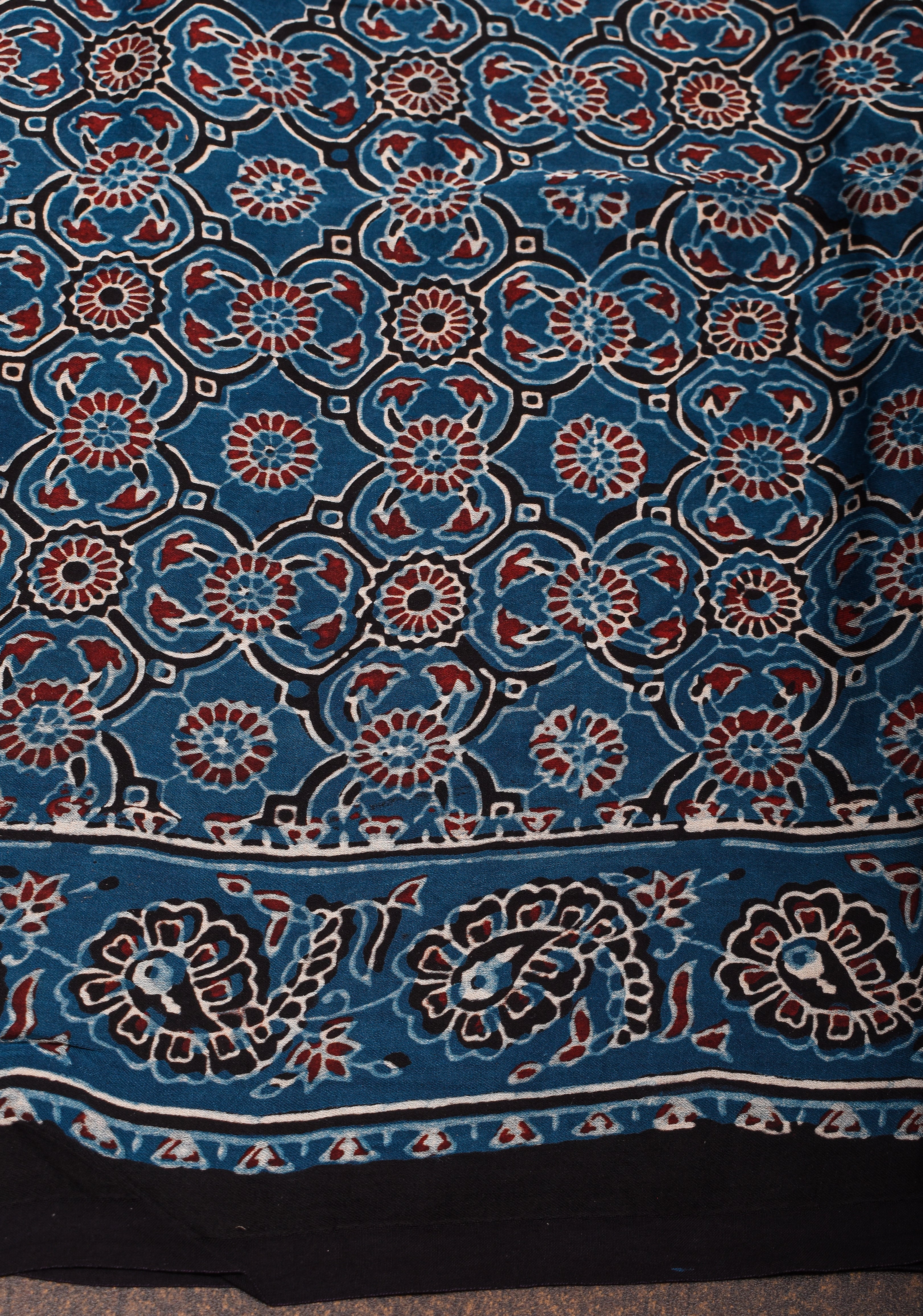 Cyan Blue Ajrakh Hand Block Print on Modal Silk Saree