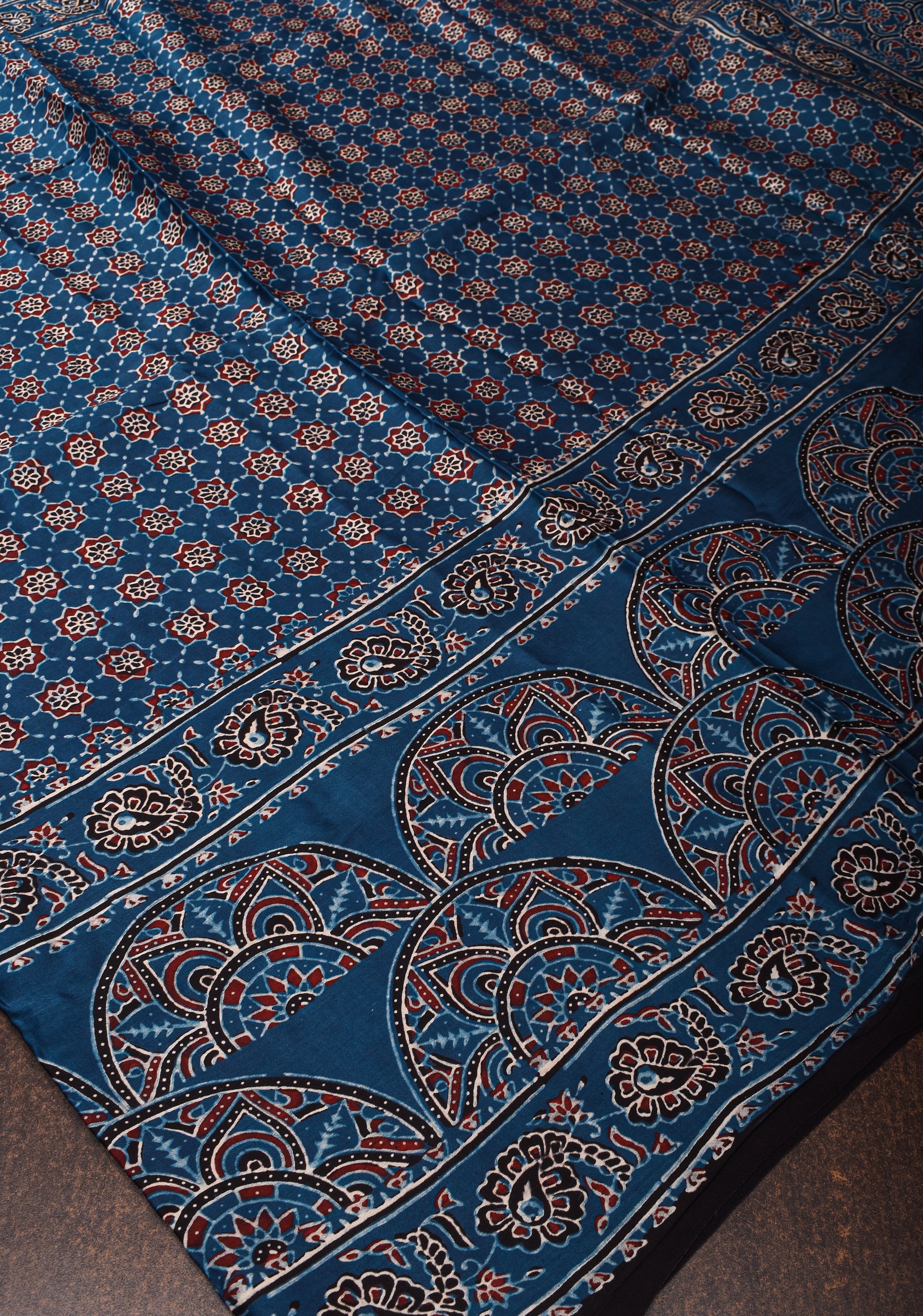 Cyan Blue Ajrakh Hand Block Print on Modal Silk Saree