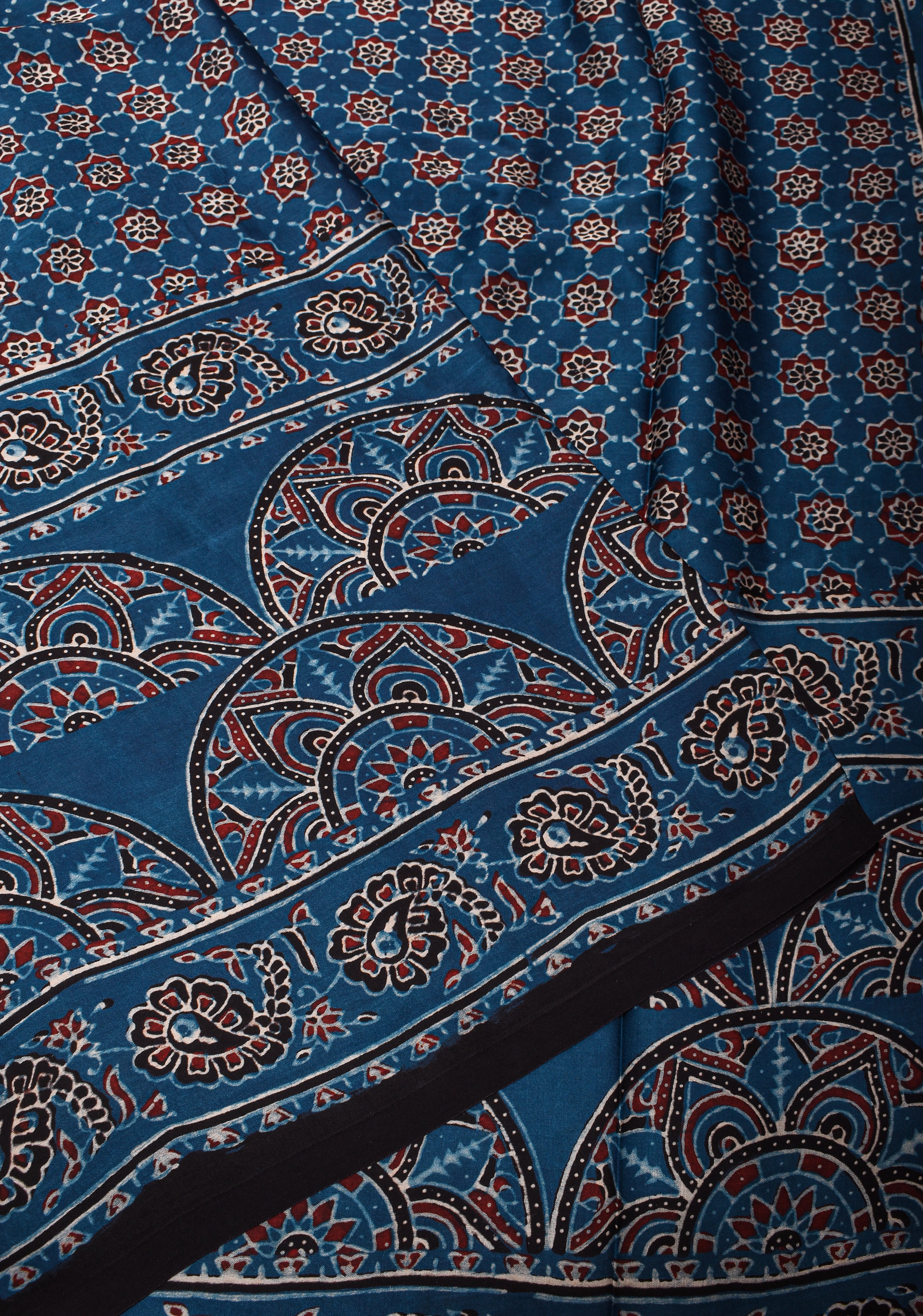 Cyan Blue Ajrakh Hand Block Print on Modal Silk Saree