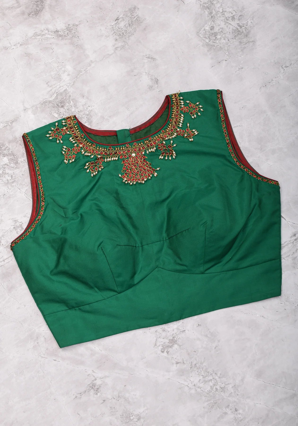 Custom Made: Necklace Design Jadau Ornamental Sleeveless Blouse in SIlk | Shobitam Blouse