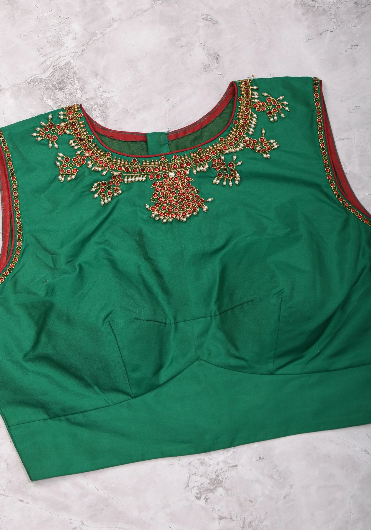 Custom Made: Necklace Design Jadau Ornamental Sleeveless Blouse in SIlk | Shobitam Blouse