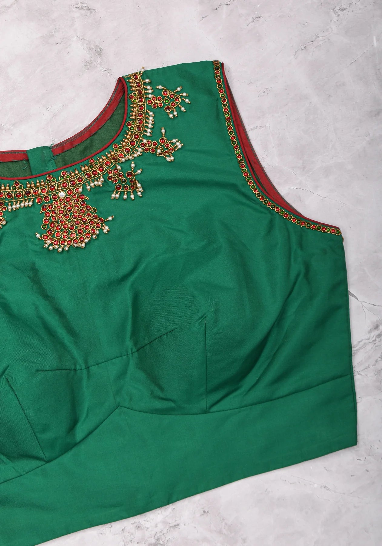 Custom Made: Necklace Design Jadau Ornamental Sleeveless Blouse in SIlk | Shobitam Blouse