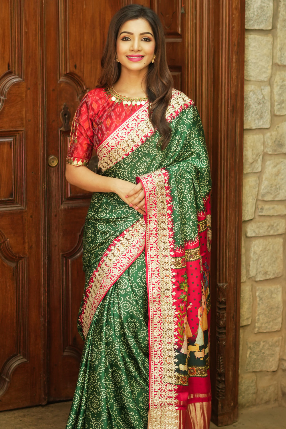 Banarasi Silk Forest Green Zari Weaved Broad Border Saree|SARV156286