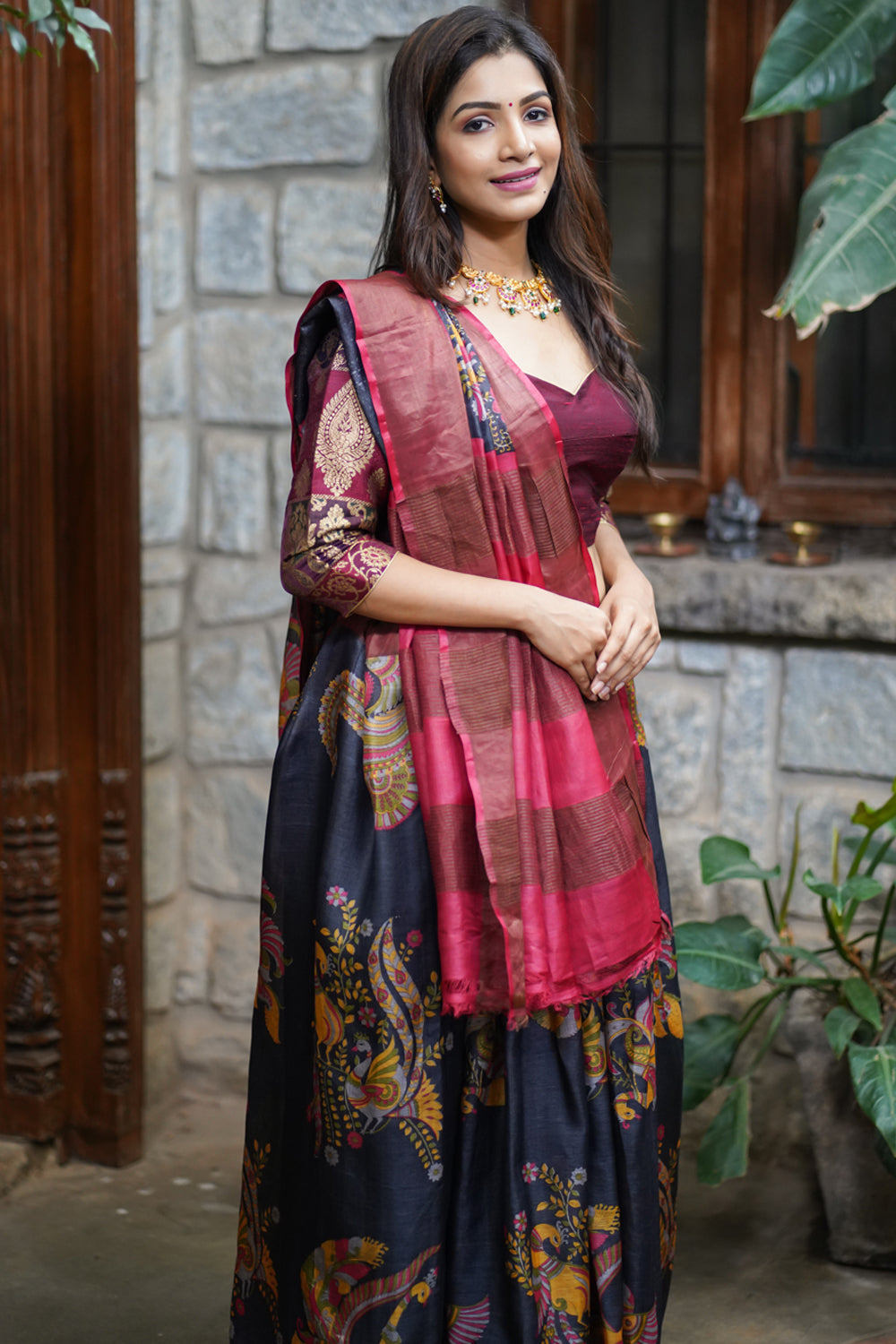 Rama Blue Tussar Silk Printed Saree - PSADH3167 from saree.com