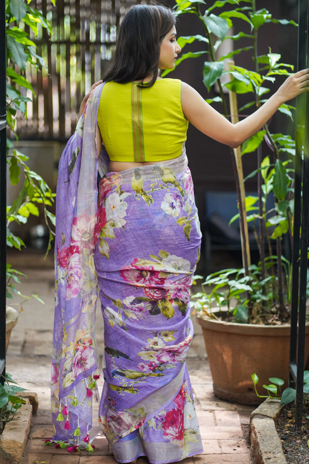 Lavender Organza Saree Enchantments with Floral Embroidery and Piping