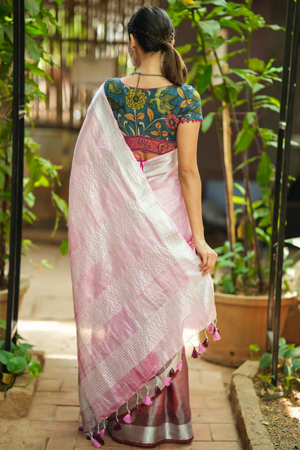 Pink Linen Saree With Embroidery Work