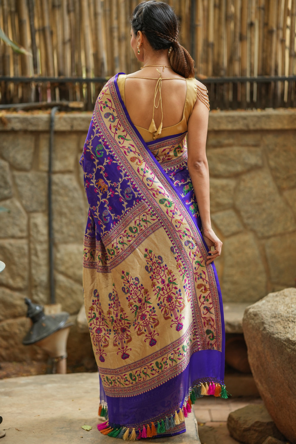 Amazing Dark Purple Silk Embroidered Wedding Wear Saree With  Choli(Un-Stitched)