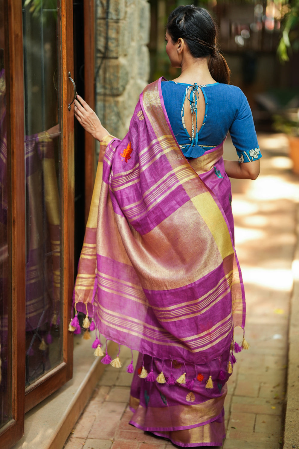 Black, red and green screen printed handwoven linen saree with floral design  - #SareeEnvy - Aavaranaa