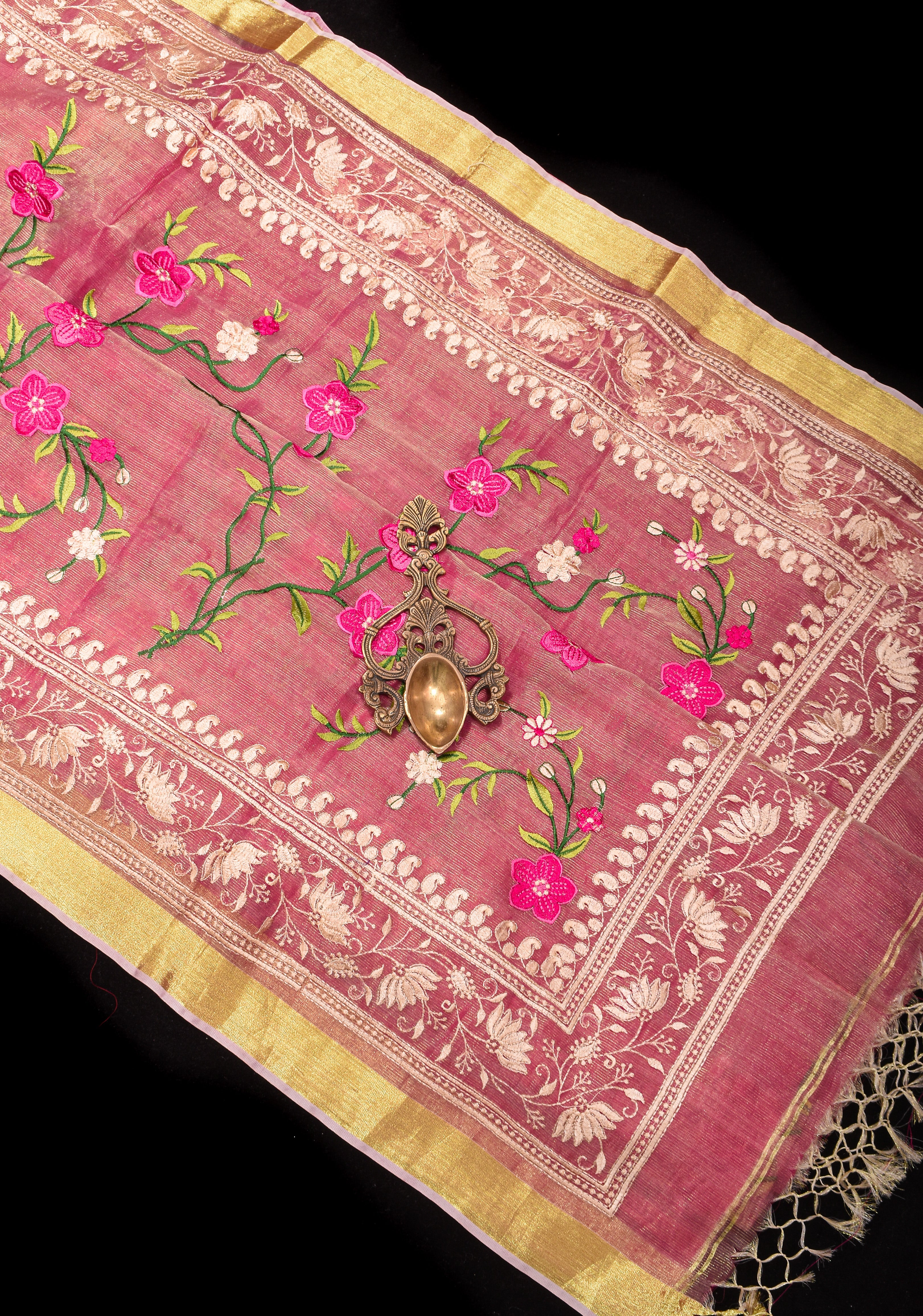 Pink Cotton Tissue Saree with Floral Jaal Embroidery and Gold Zari Border