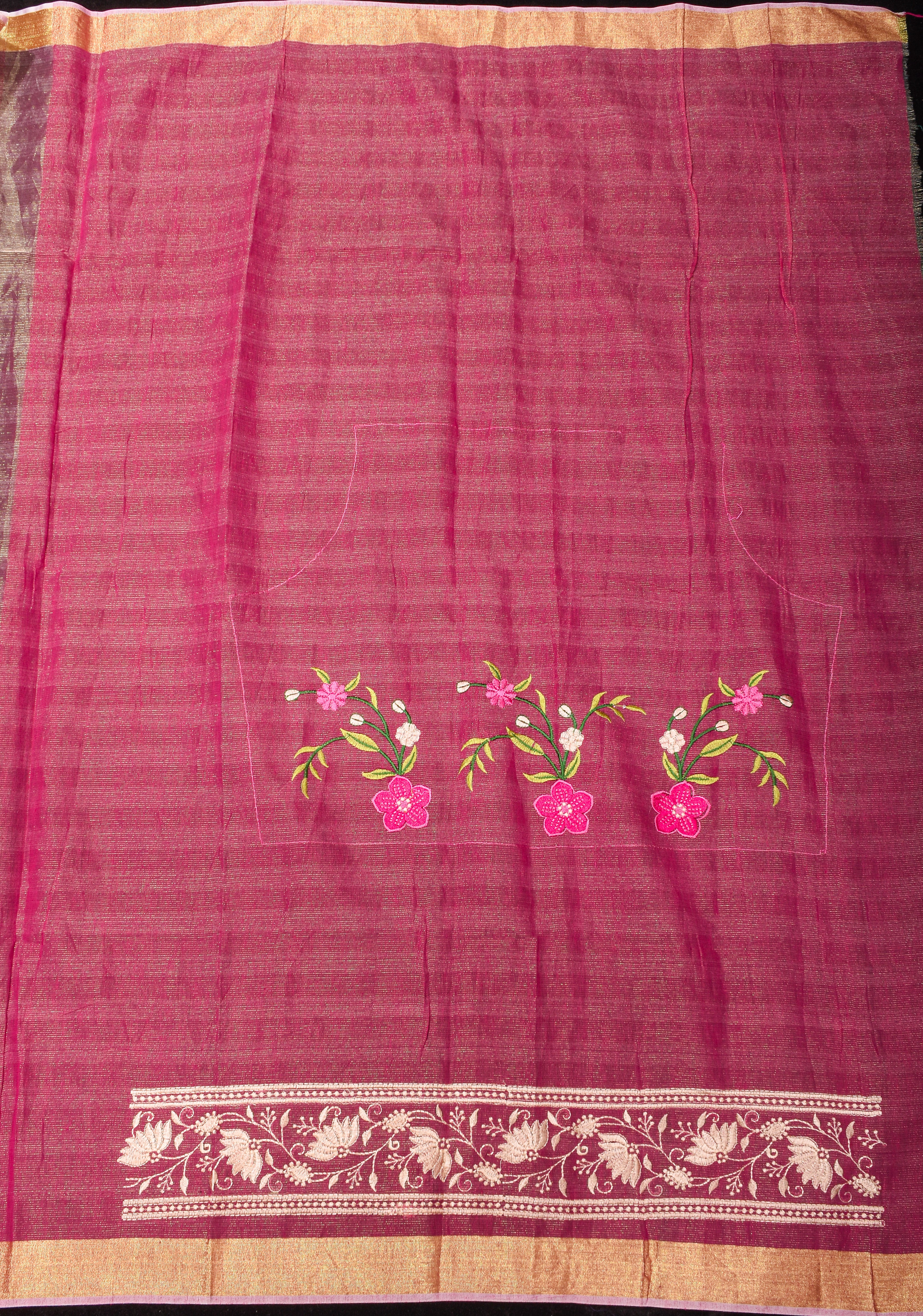 Pink Cotton Tissue Saree with Floral Jaal Embroidery and Gold Zari Border