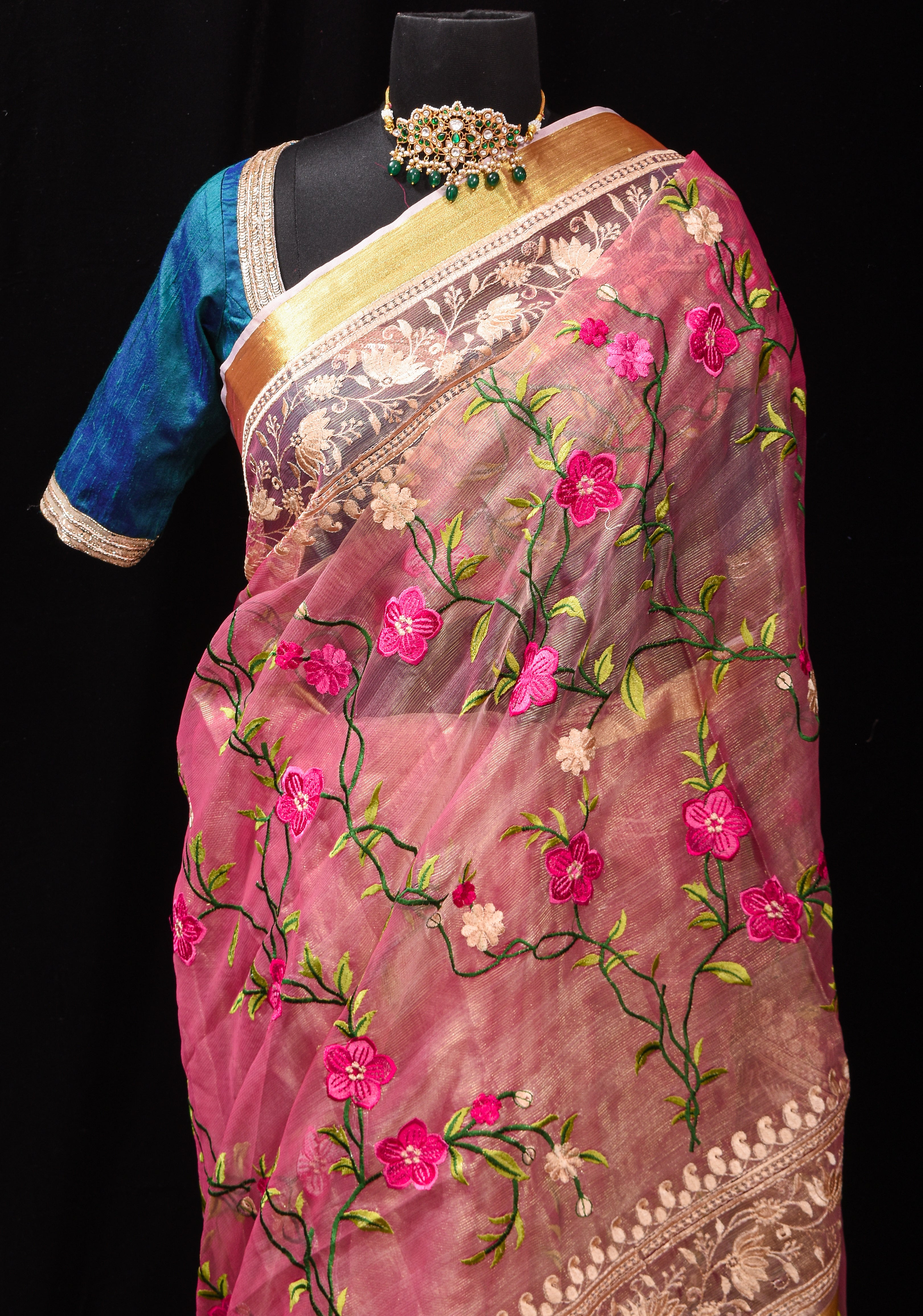 Pink Cotton Tissue Saree with Floral Jaal Embroidery and Gold Zari Border