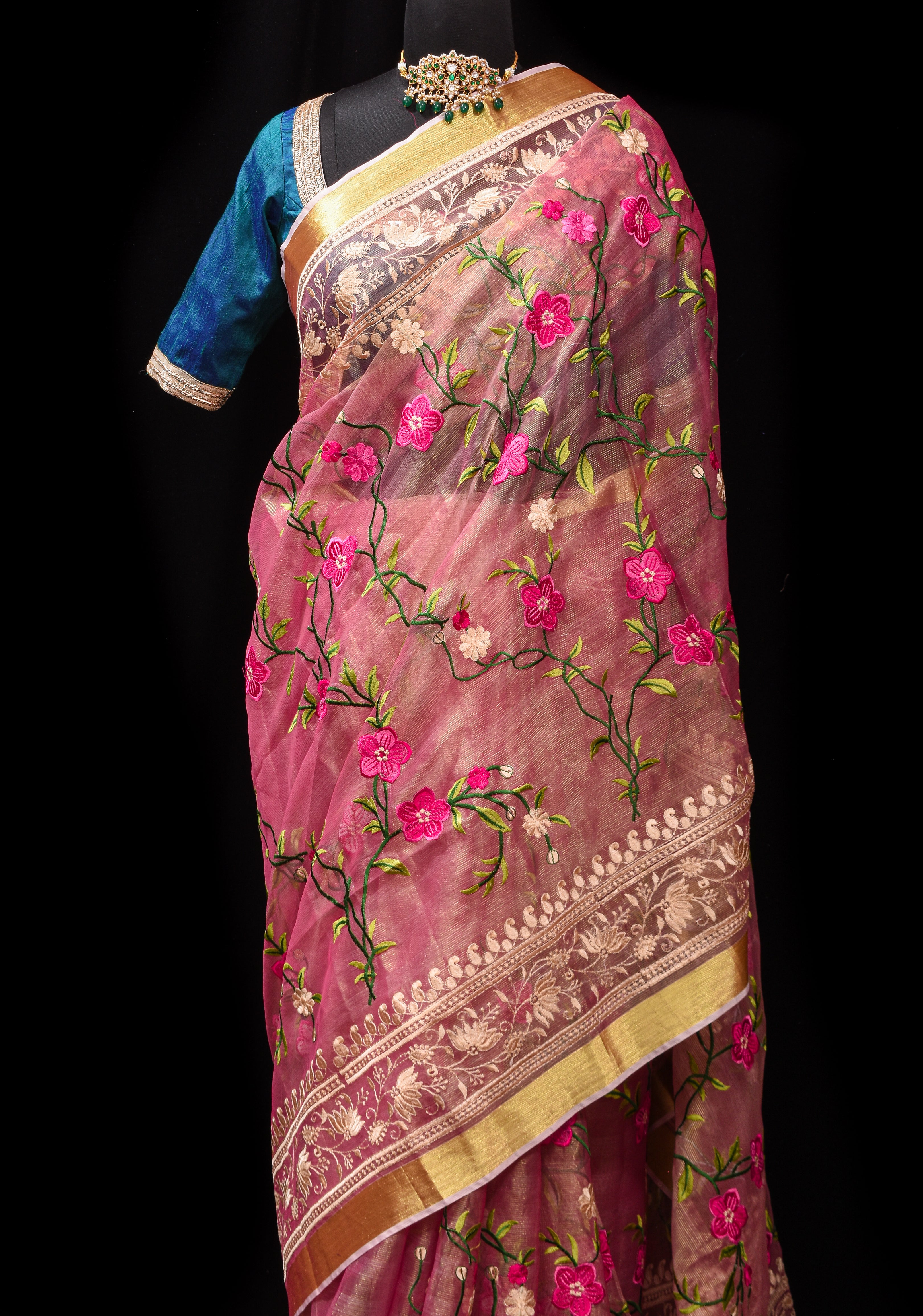 Pink Cotton Tissue Saree with Floral Jaal Embroidery and Gold Zari Border