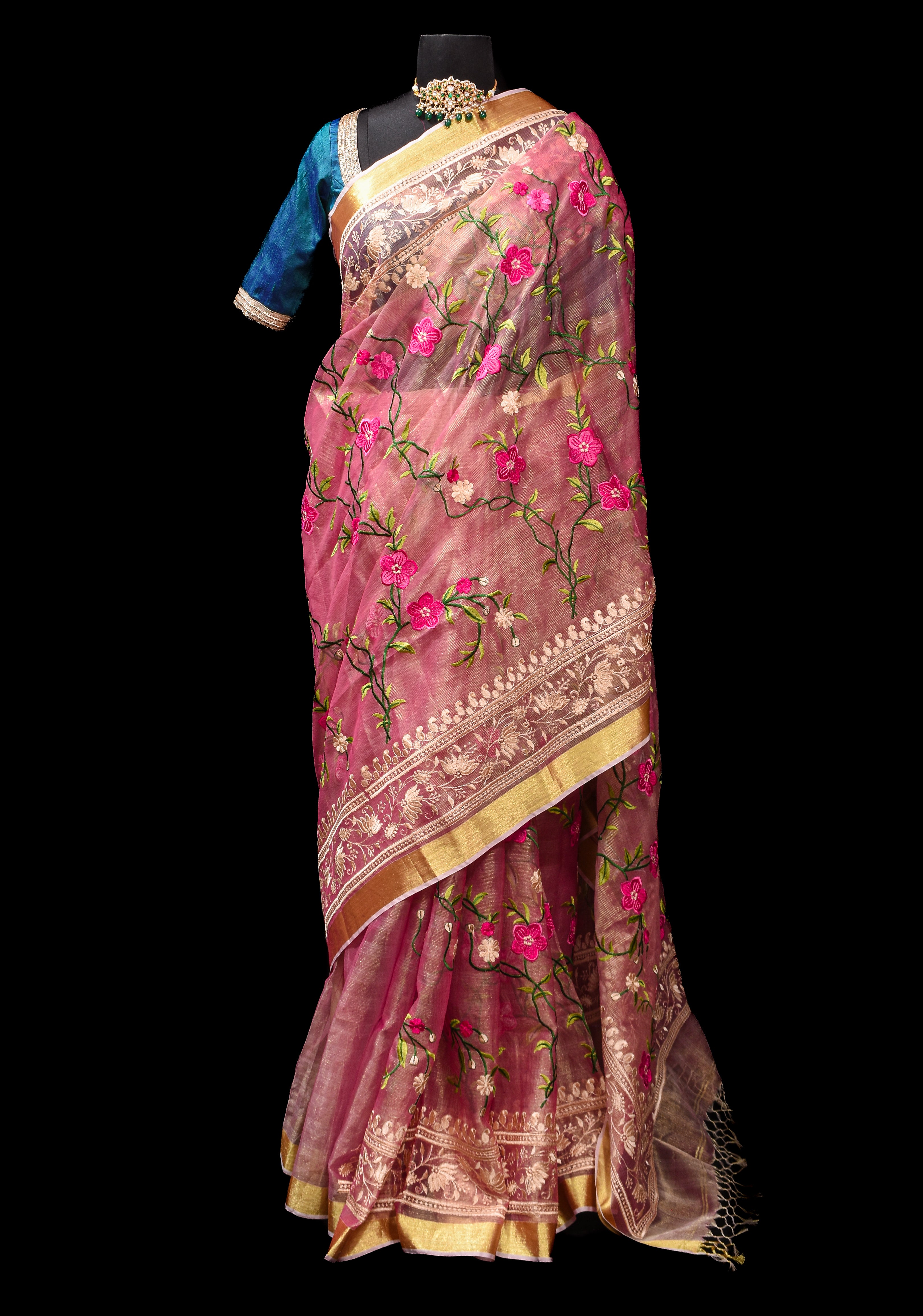 Pink Cotton Tissue Saree with Floral Jaal Embroidery and Gold Zari Border