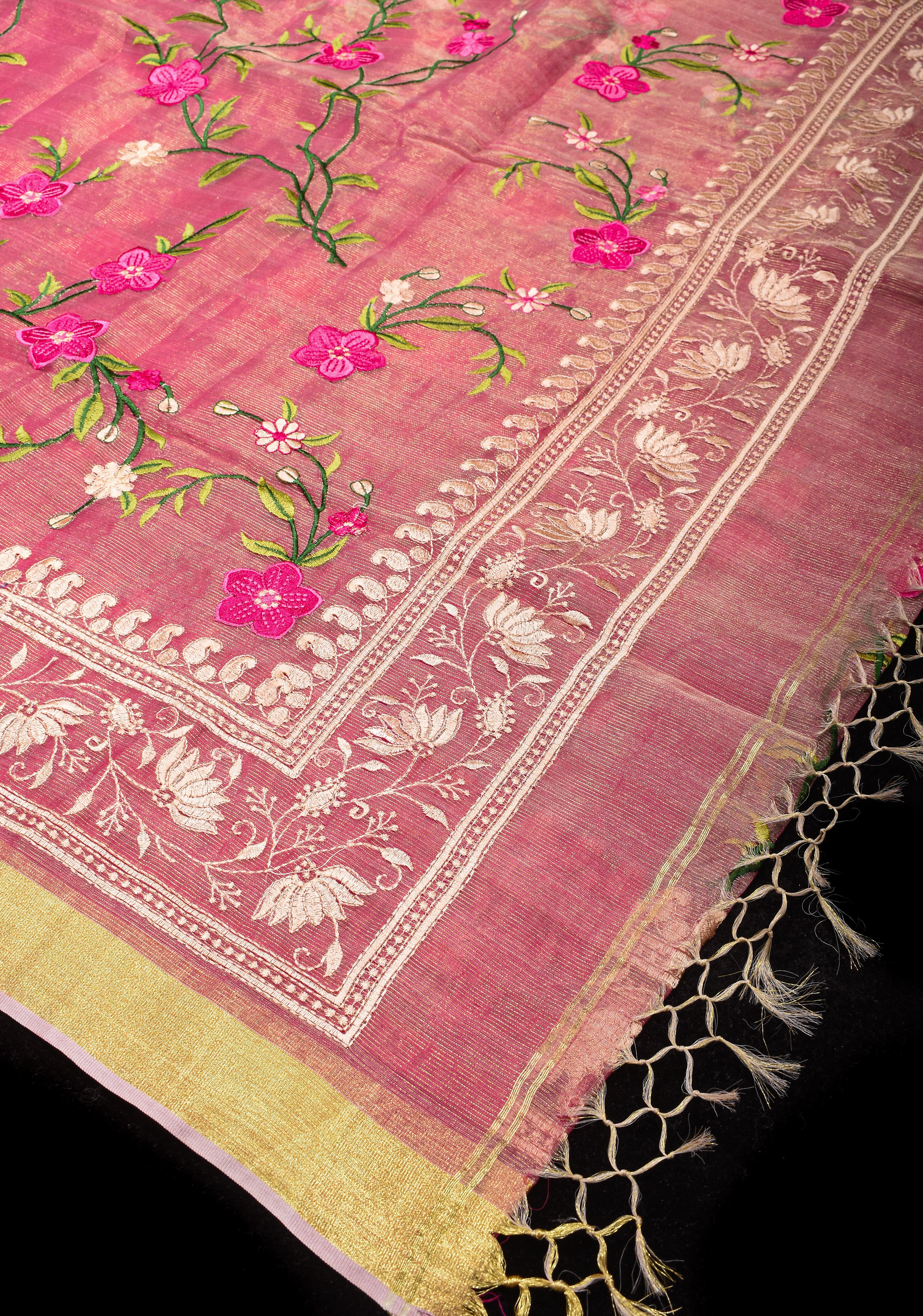 Pink Cotton Tissue Saree with Floral Jaal Embroidery and Gold Zari Border