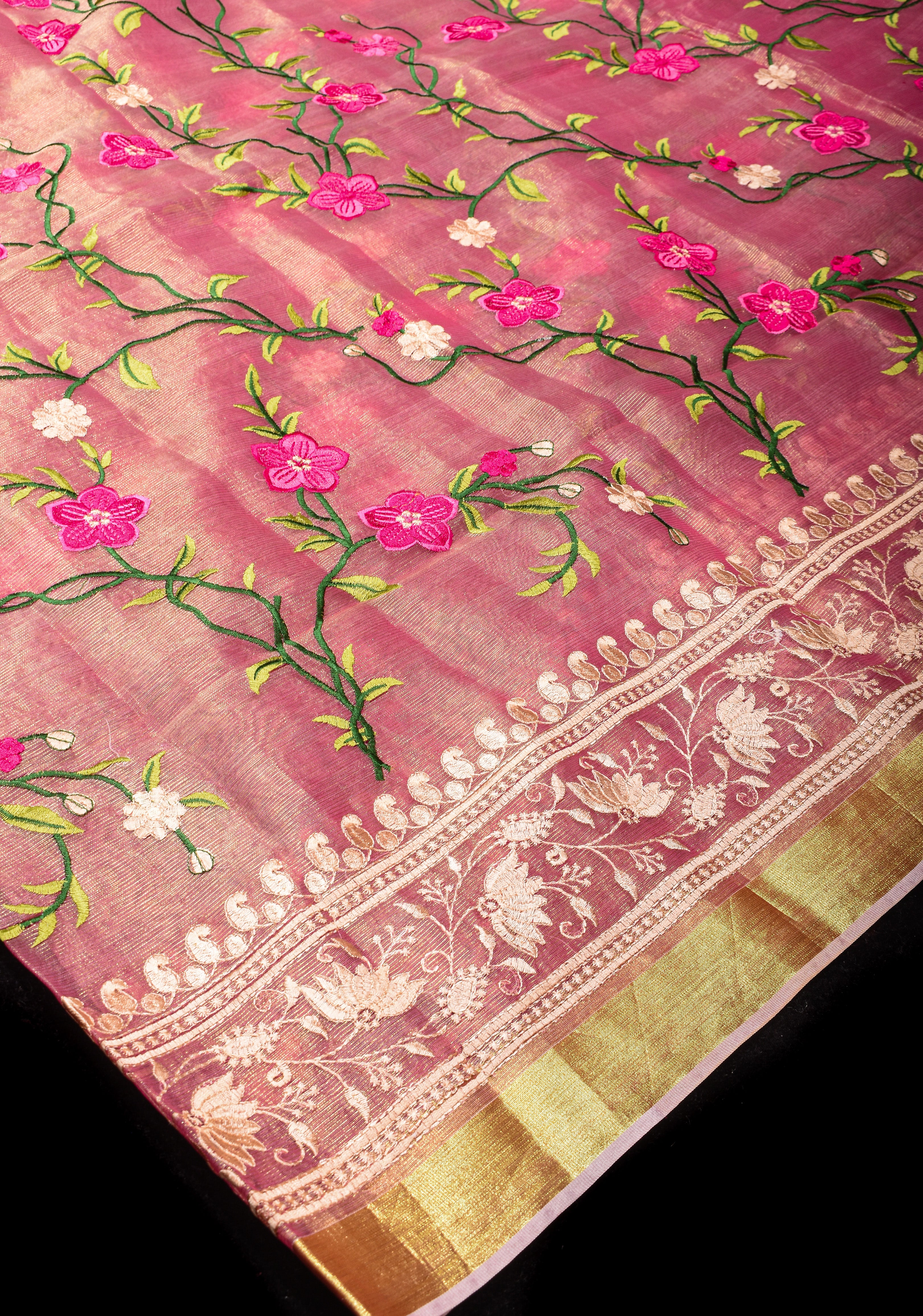 Pink Cotton Tissue Saree with Floral Jaal Embroidery and Gold Zari Border