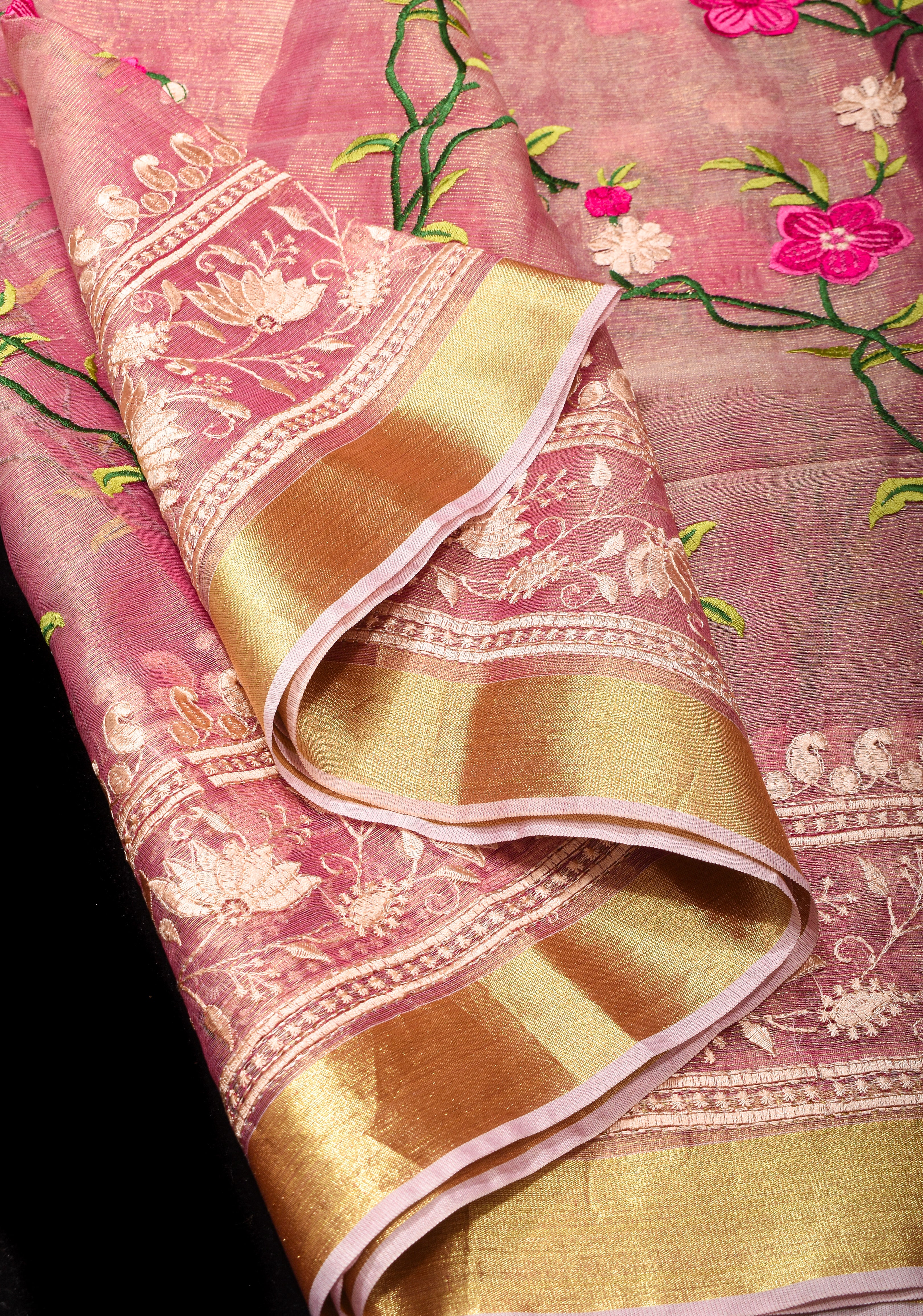 Pink Cotton Tissue Saree with Floral Jaal Embroidery and Gold Zari Border