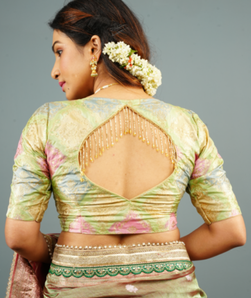 Banarasi Pastel Hued Blouse with Rangkaat Design Ombre and beaded trim back detailing, Customizable, Made to Order