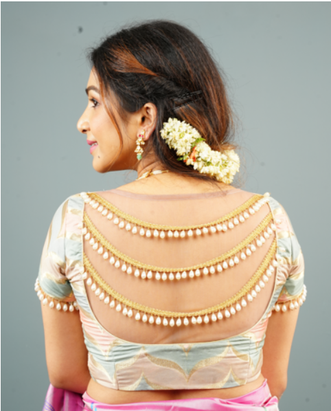 Banarasi Blouse in Gray Pink rangkaat designin pastel hues with beaded back detailing, Customizable, Made to Order