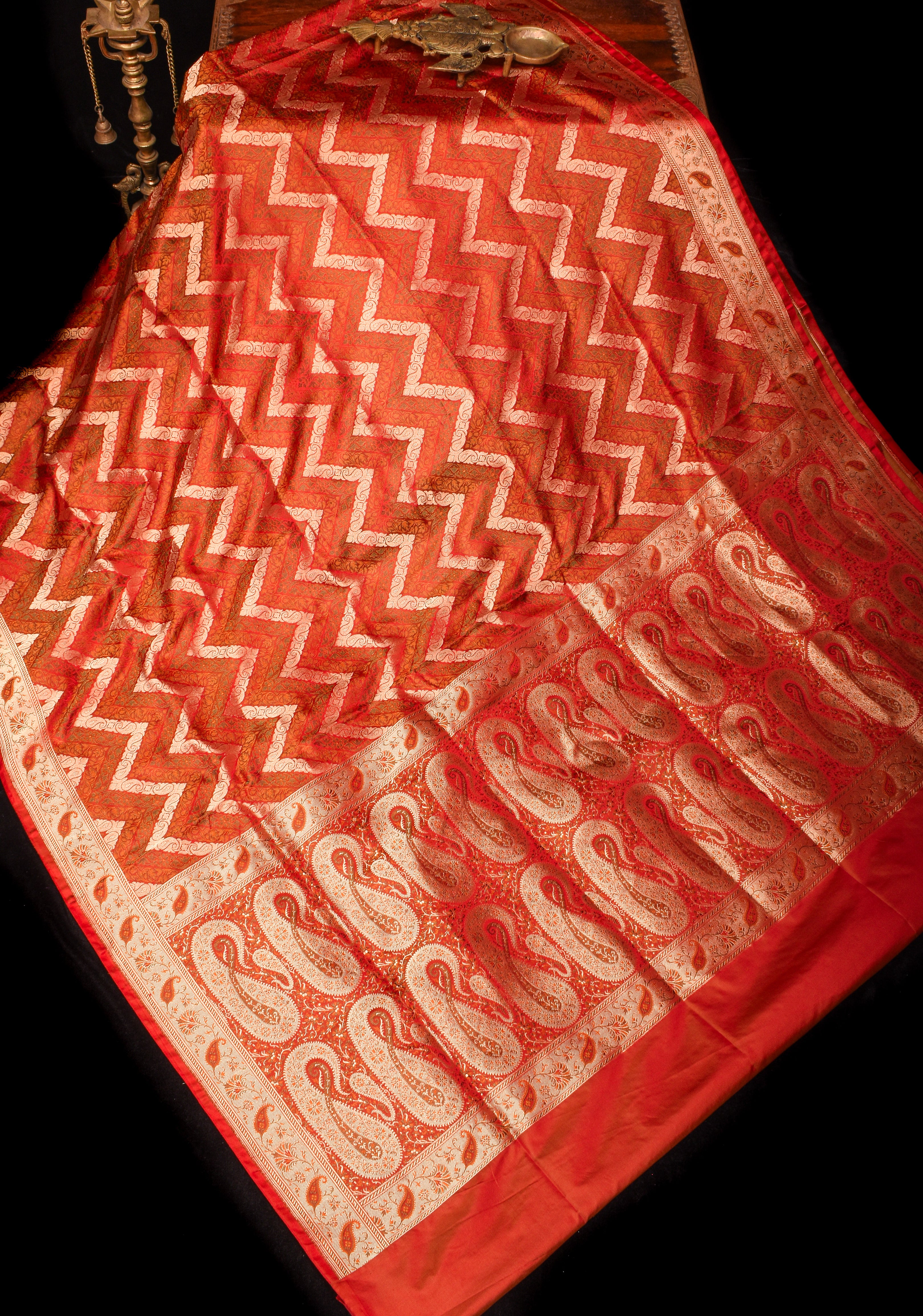 Rust Tanchoi Banarasi Satin Silk Saree in Chevron Pattern and Zari detailing | SILK MARK CERTIFIED