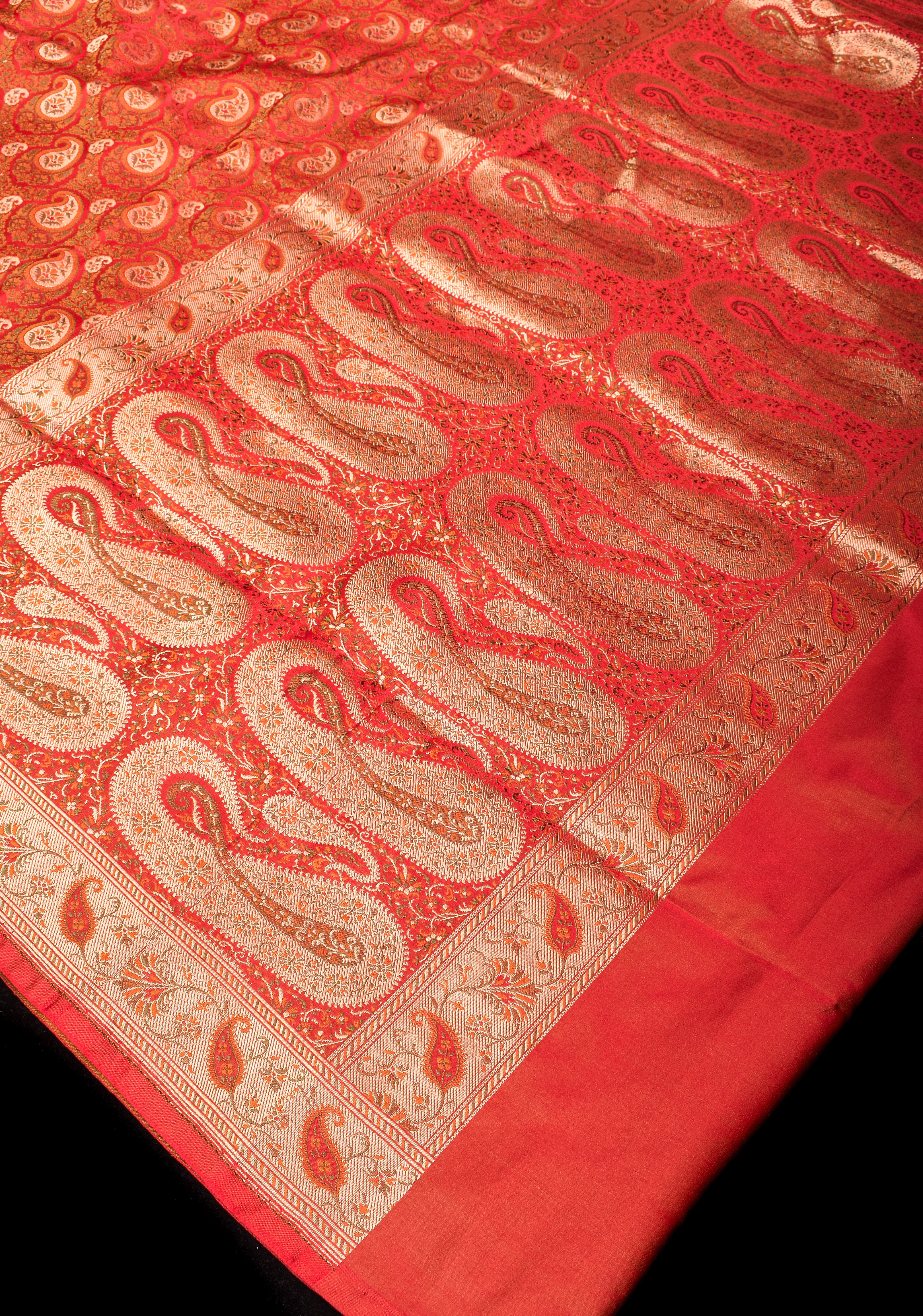 Tanchoi Jamawar Banarasi Saree in Pure Silk Satin in Orange | SILK MARK CERTIFIED