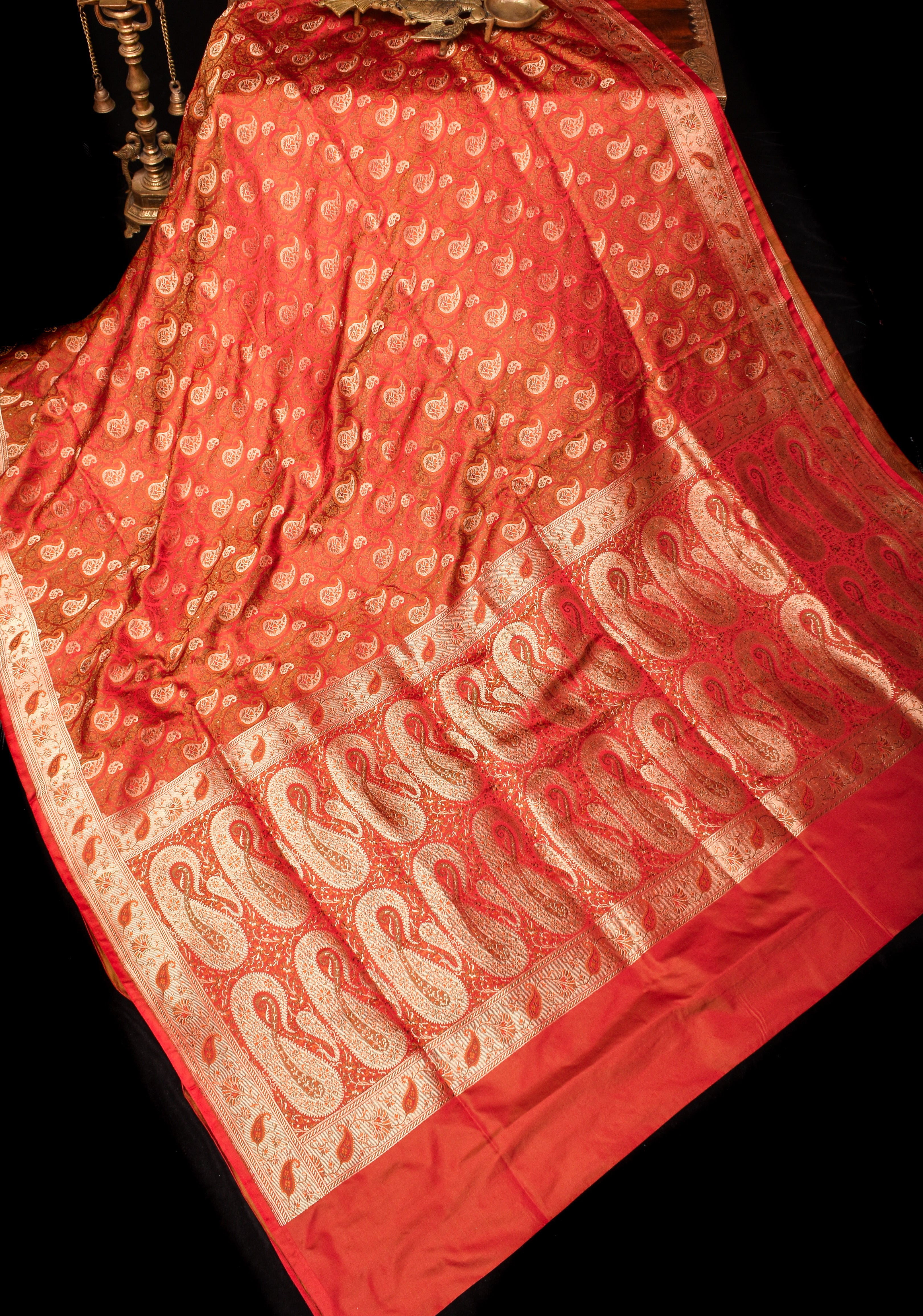 Tanchoi Jamawar Banarasi Saree in Pure Silk Satin in Orange | SILK MARK CERTIFIED