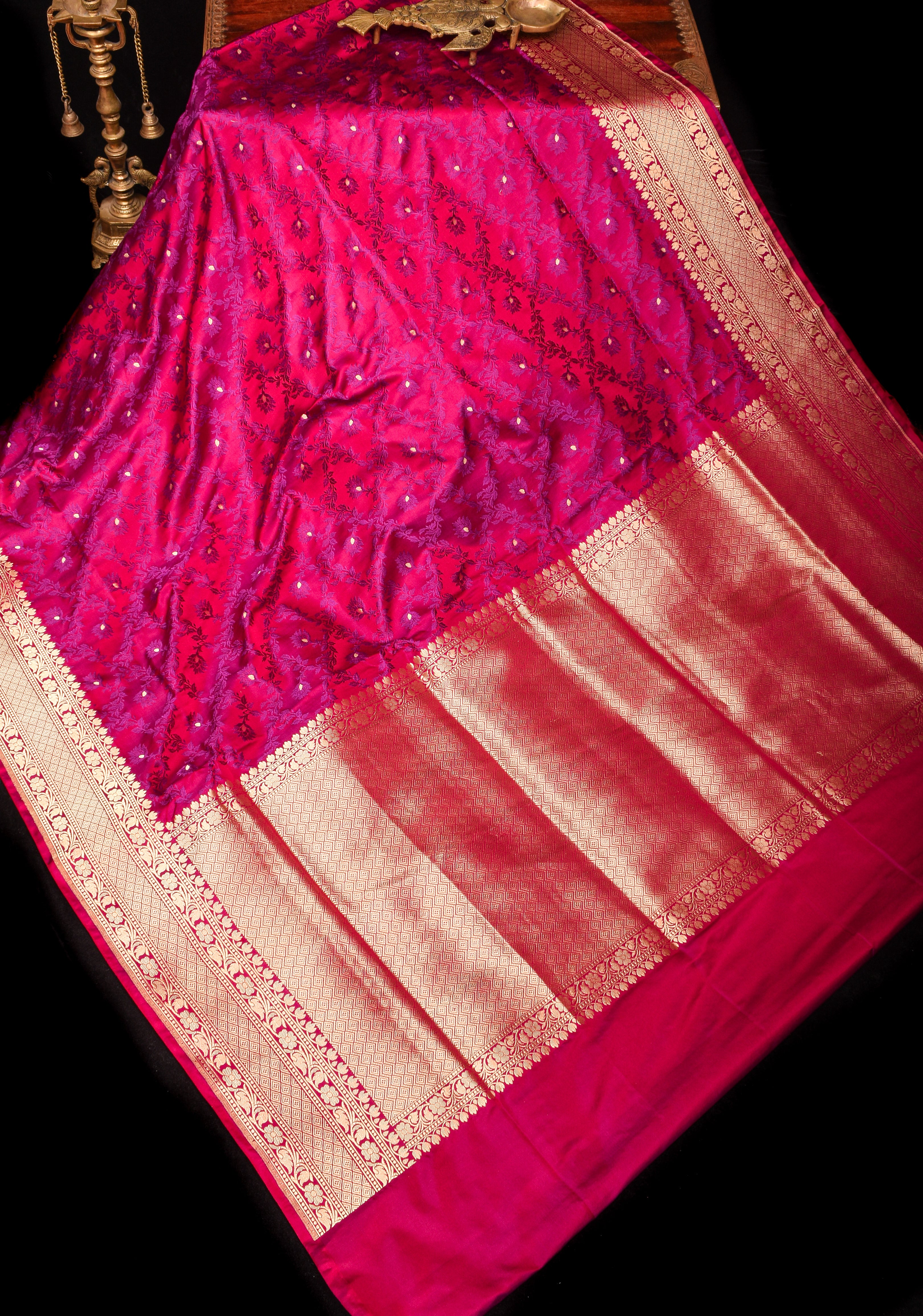 Rose Red Exquisite Tanchoi Floral Jaal Banarasi Saree in Pure Silk Satin with Zari Border | SILK MARK CERTIFIED