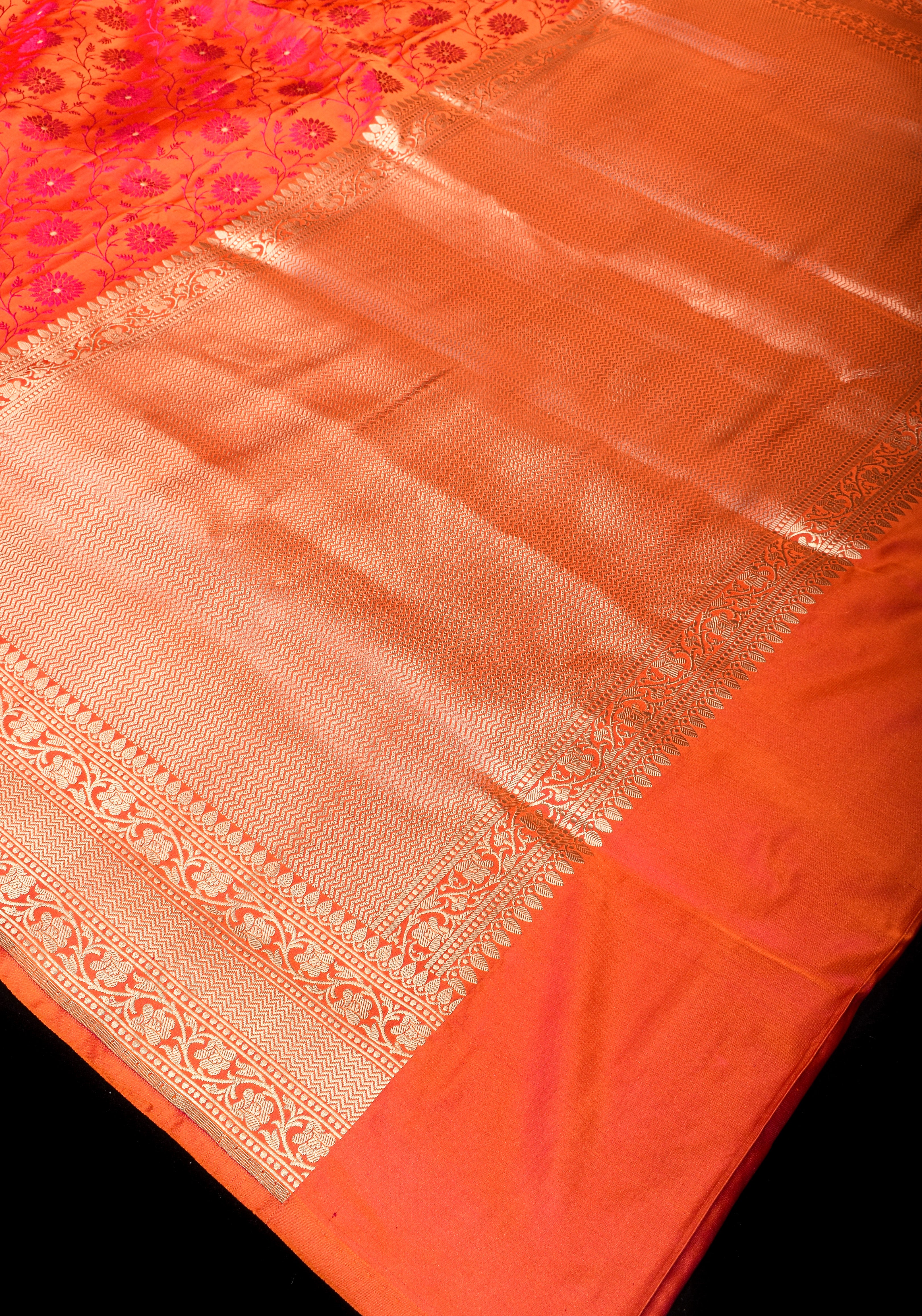 Orange Exquisite Tanchoi Floral Jaal Banarasi Saree in Pure Silk Satin with Zari Border | SILK MARK CERTIFIED