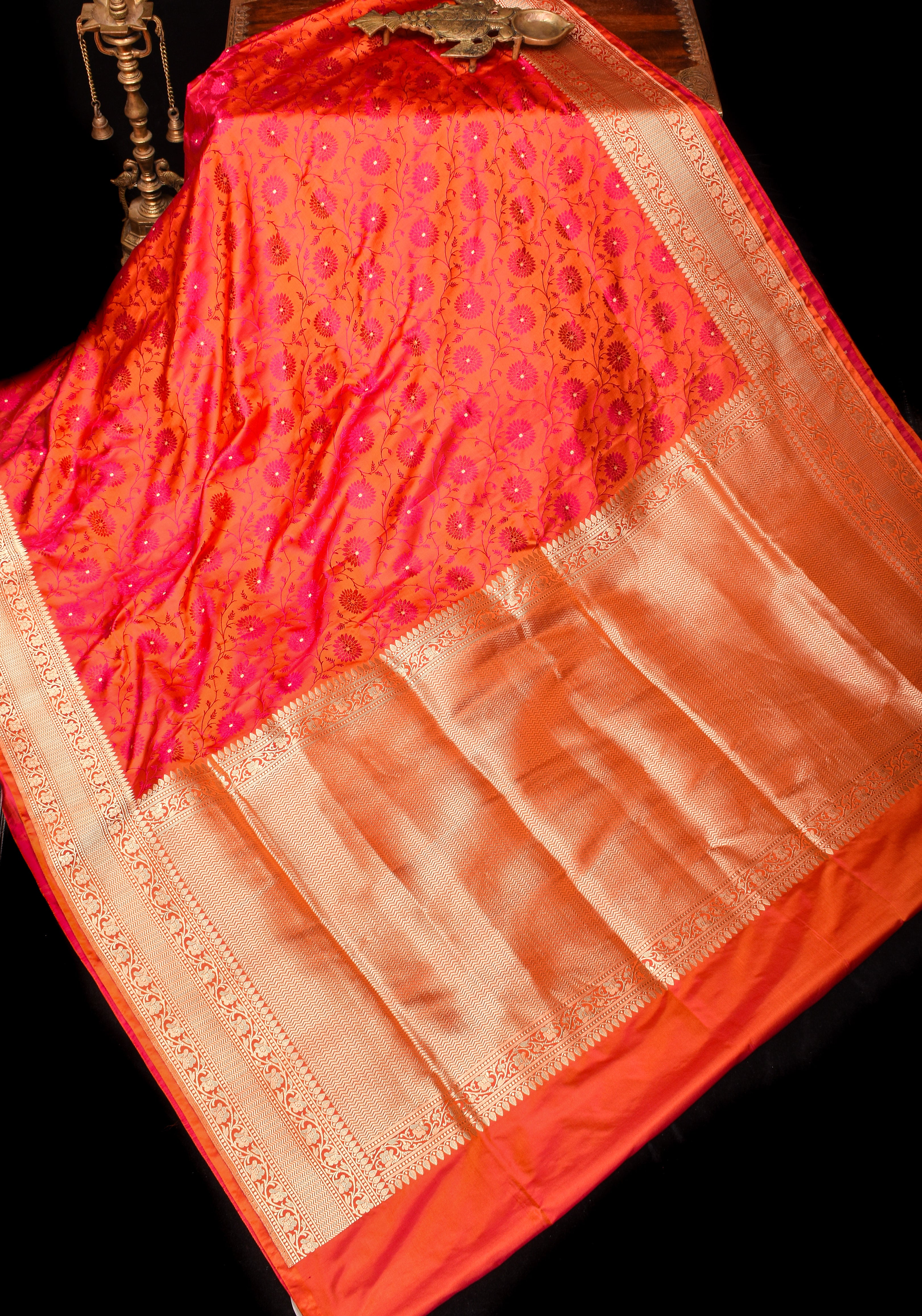 Orange Exquisite Tanchoi Floral Jaal Banarasi Saree in Pure Silk Satin with Zari Border | SILK MARK CERTIFIED