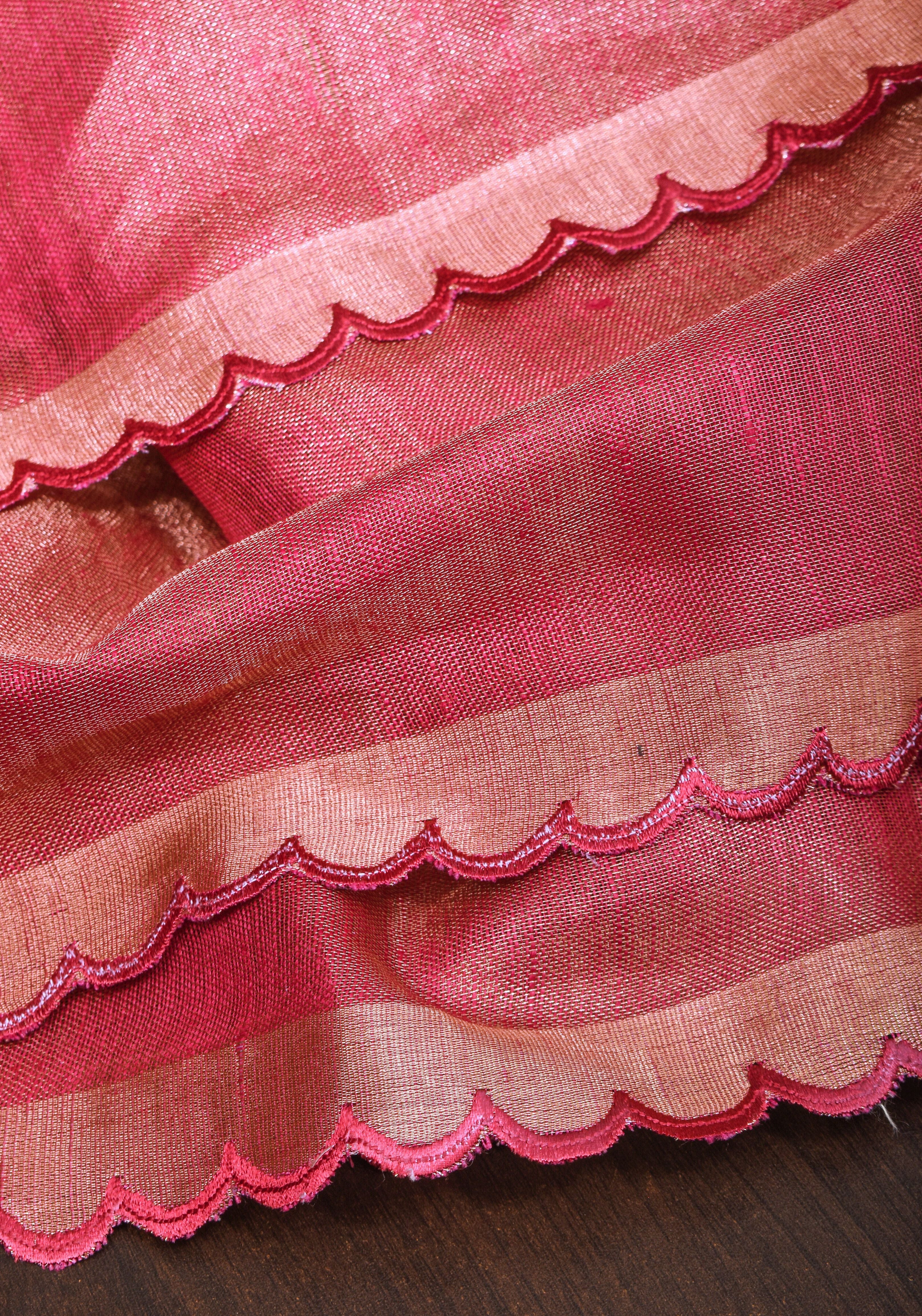 Reddish Pink tone Scalloped Tissue Linen Saree and golden border  | Shobitam Saree