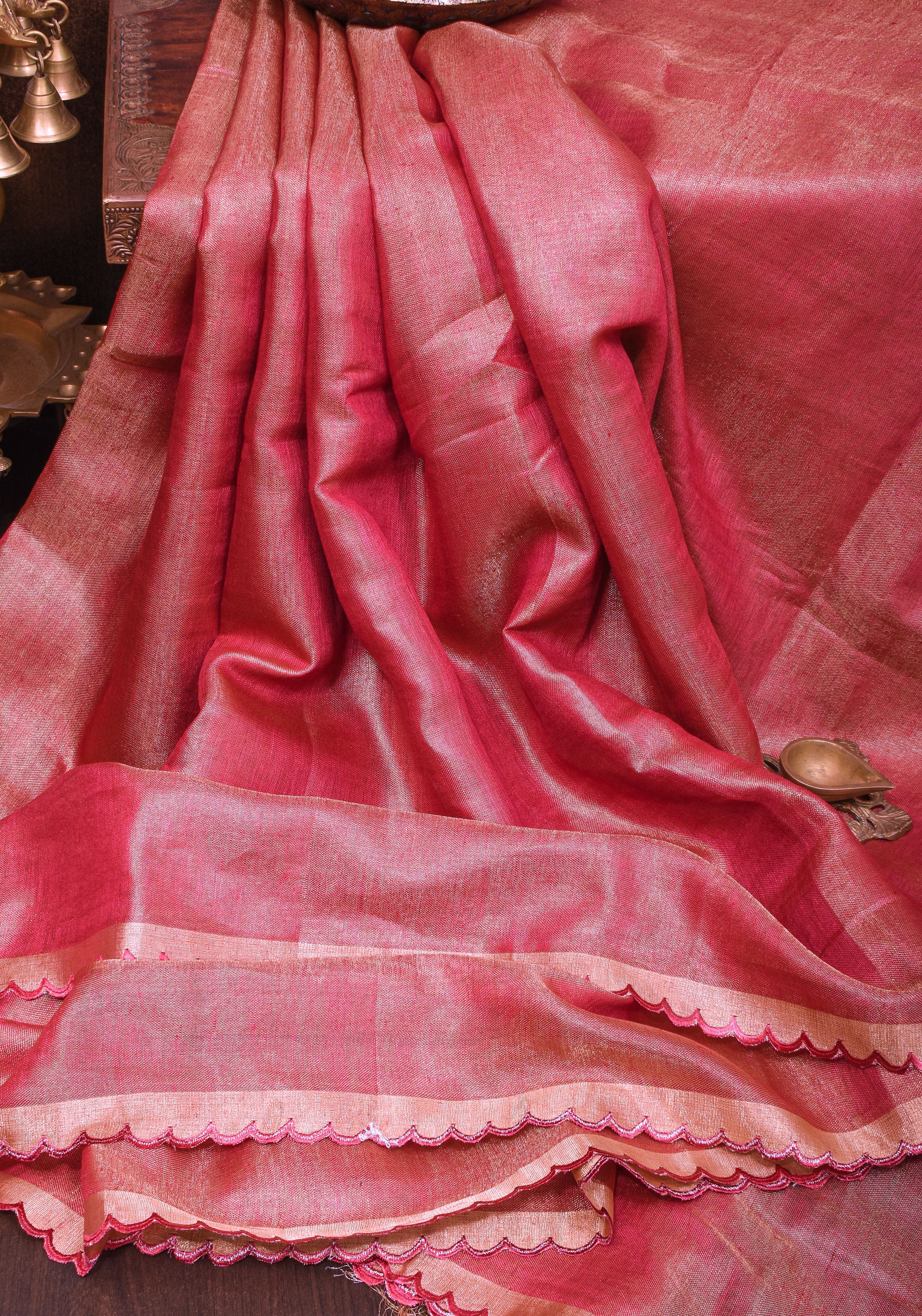 Reddish Pink tone Scalloped Tissue Linen Saree and golden border  | Shobitam Saree