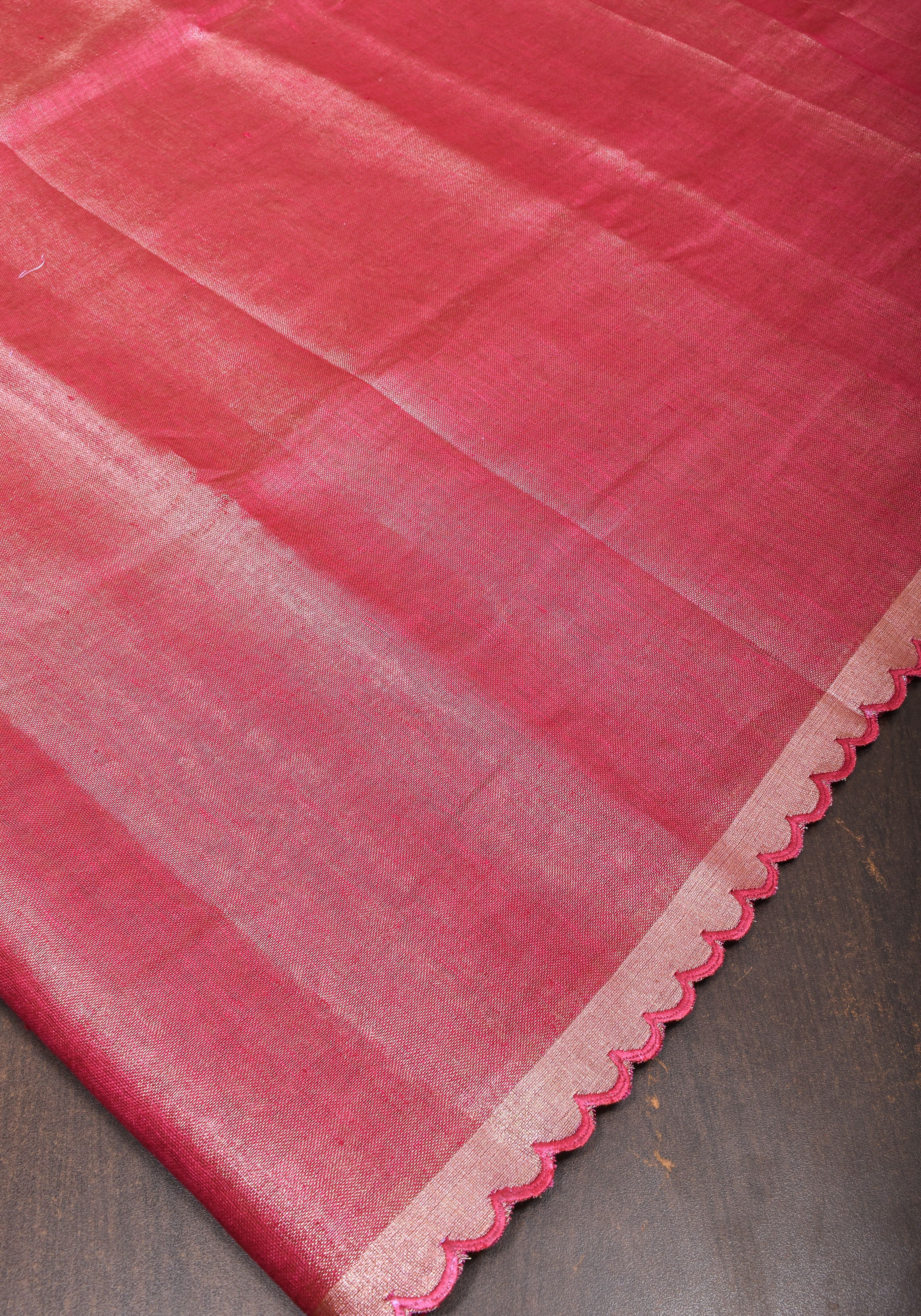 Reddish Pink tone Scalloped Tissue Linen Saree and golden border  | Shobitam Saree